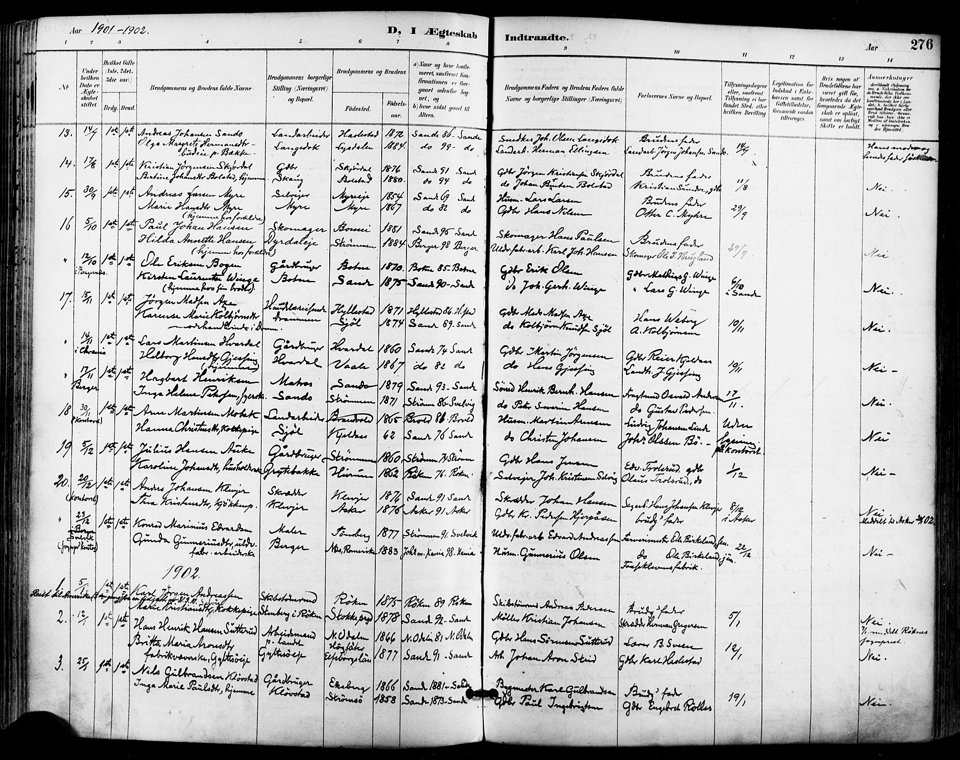 Sande Kirkebøker, SAKO/A-53/F/Fa/L0007: Parish register (official) no. 7, 1888-1903, p. 276