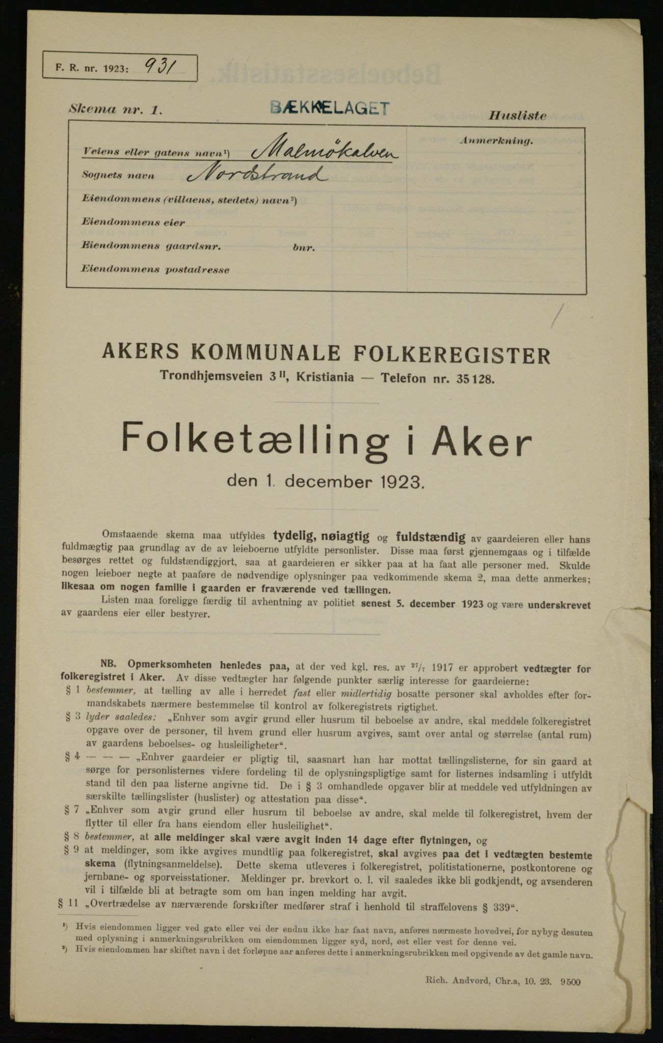 , Municipal Census 1923 for Aker, 1923, p. 42173