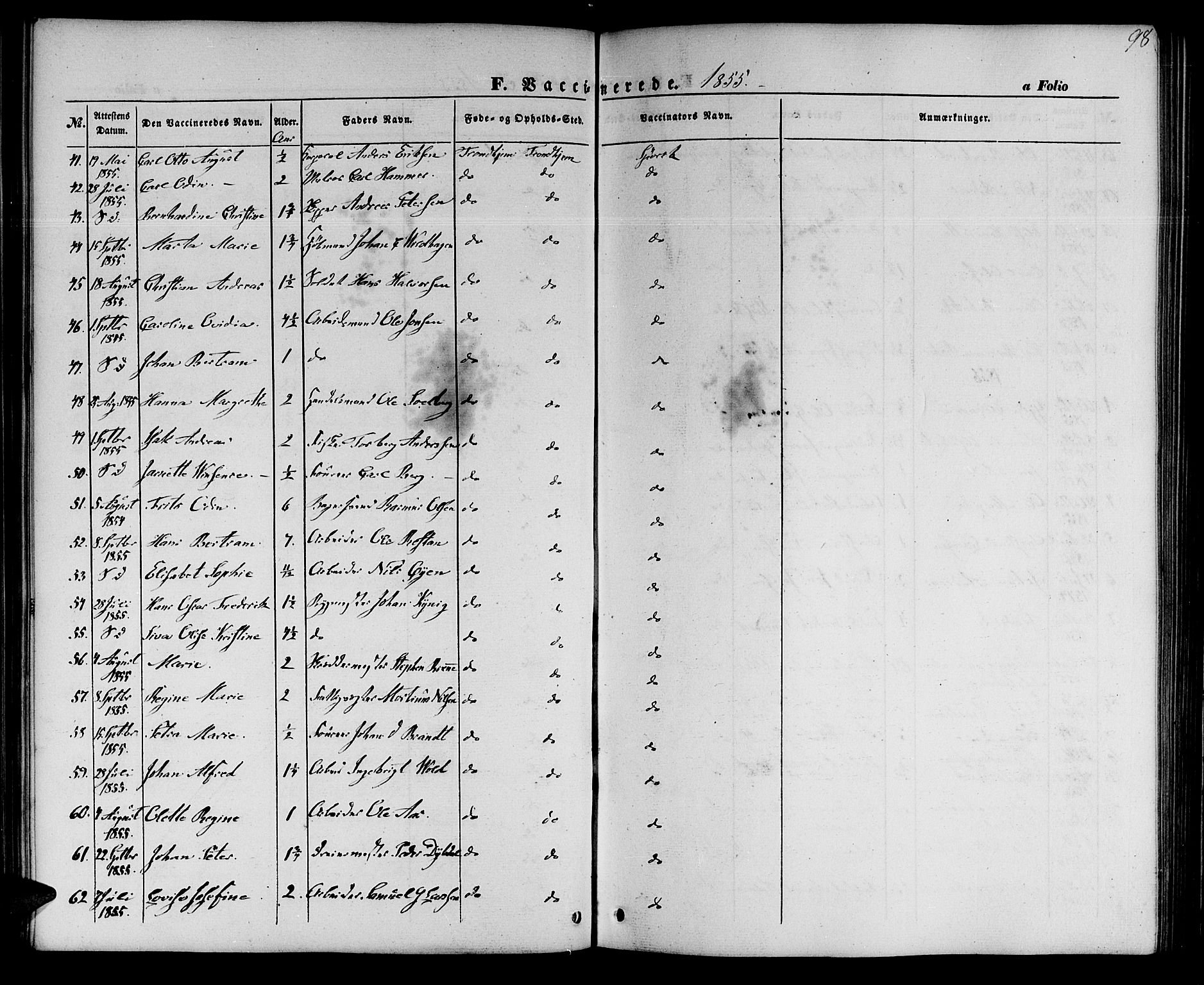 Ministerialprotokoller, klokkerbøker og fødselsregistre - Sør-Trøndelag, AV/SAT-A-1456/602/L0113: Parish register (official) no. 602A11, 1849-1861, p. 98