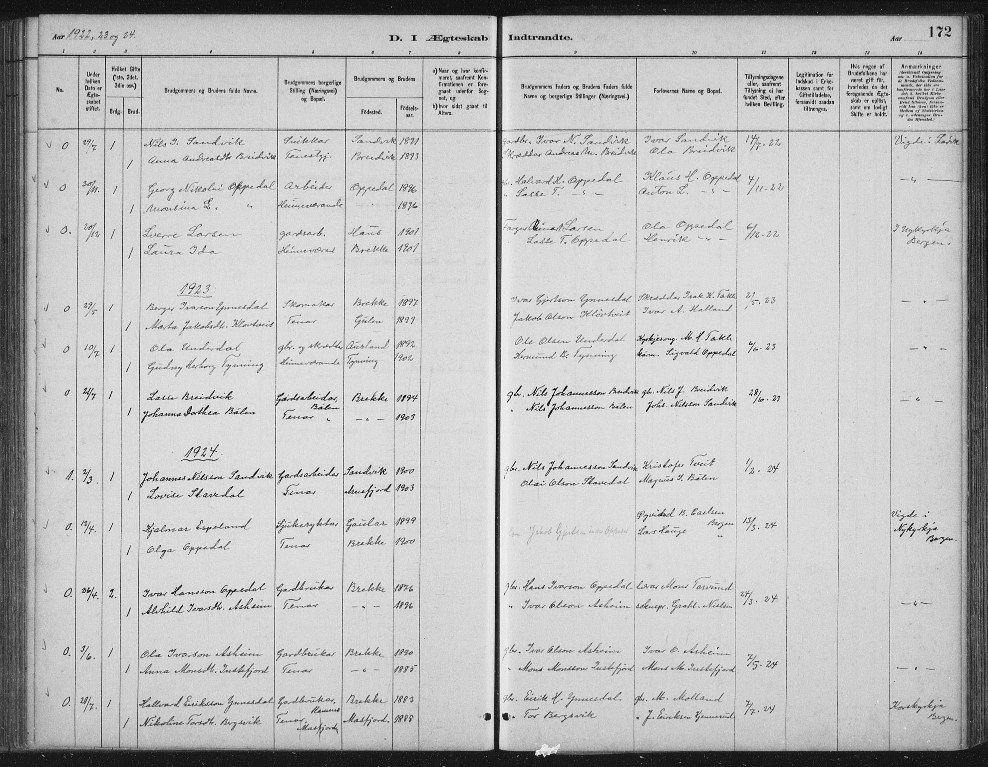 Gulen sokneprestembete, SAB/A-80201/H/Hab/Habc/L0002: Parish register (copy) no. C 2, 1880-1938, p. 172