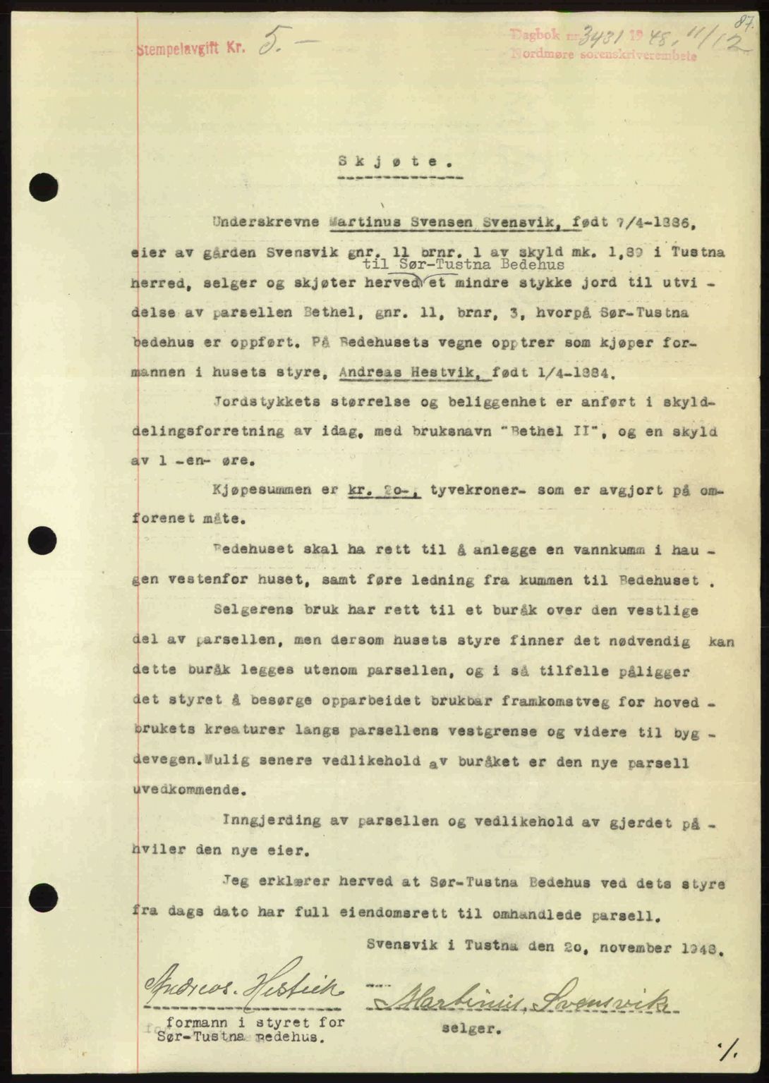 Nordmøre sorenskriveri, AV/SAT-A-4132/1/2/2Ca: Mortgage book no. A110, 1948-1949, Diary no: : 3431/1948