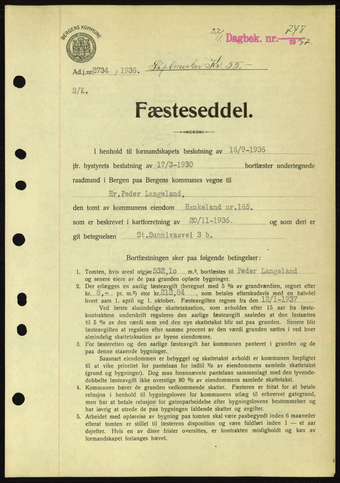 Byfogd og Byskriver i Bergen, SAB/A-3401/03/03Bc/L0004: Mortgage book no. A3-4, 1936-1937, Diary no: : 748/1937