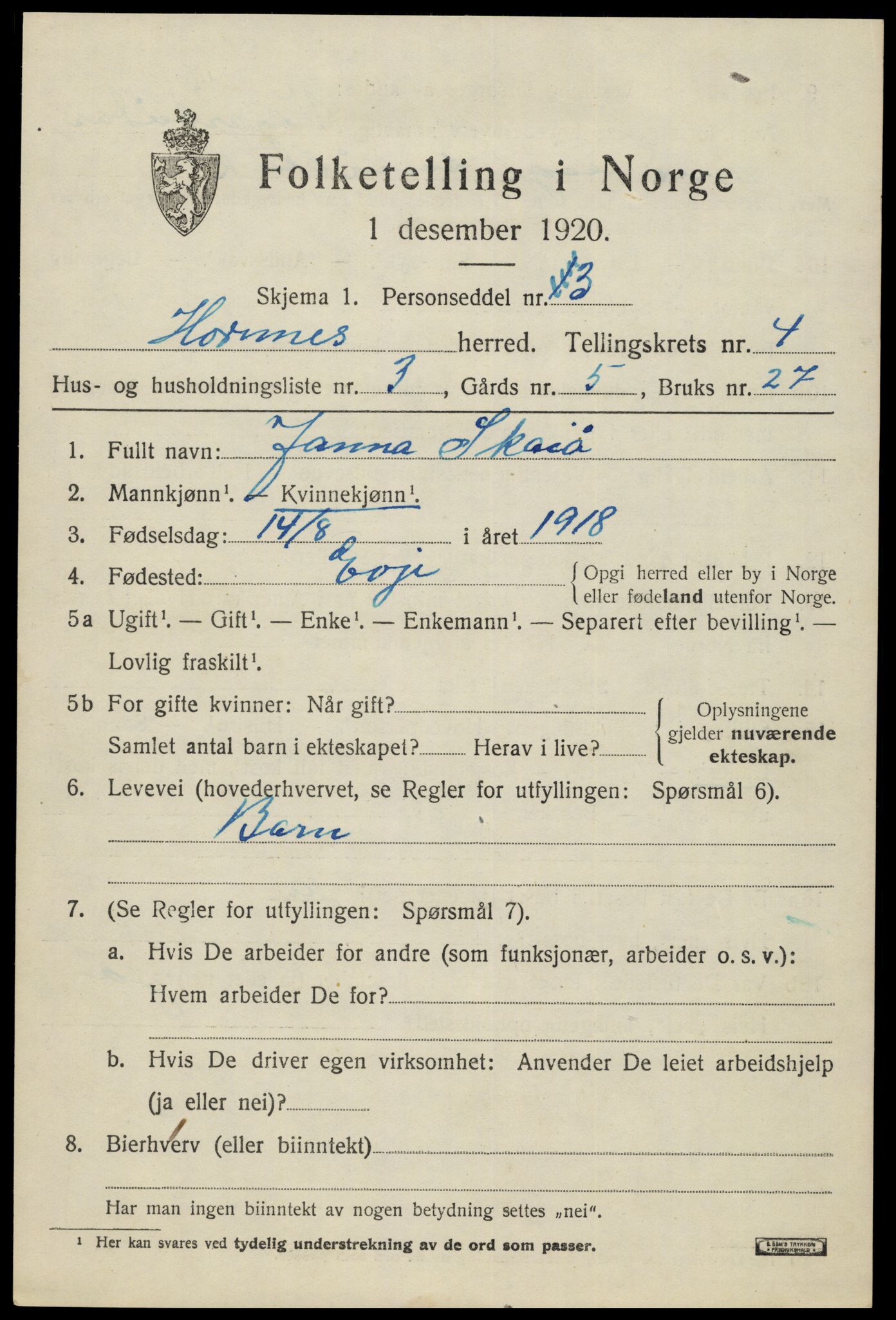 SAK, 1920 census for Hornnes, 1920, p. 1161