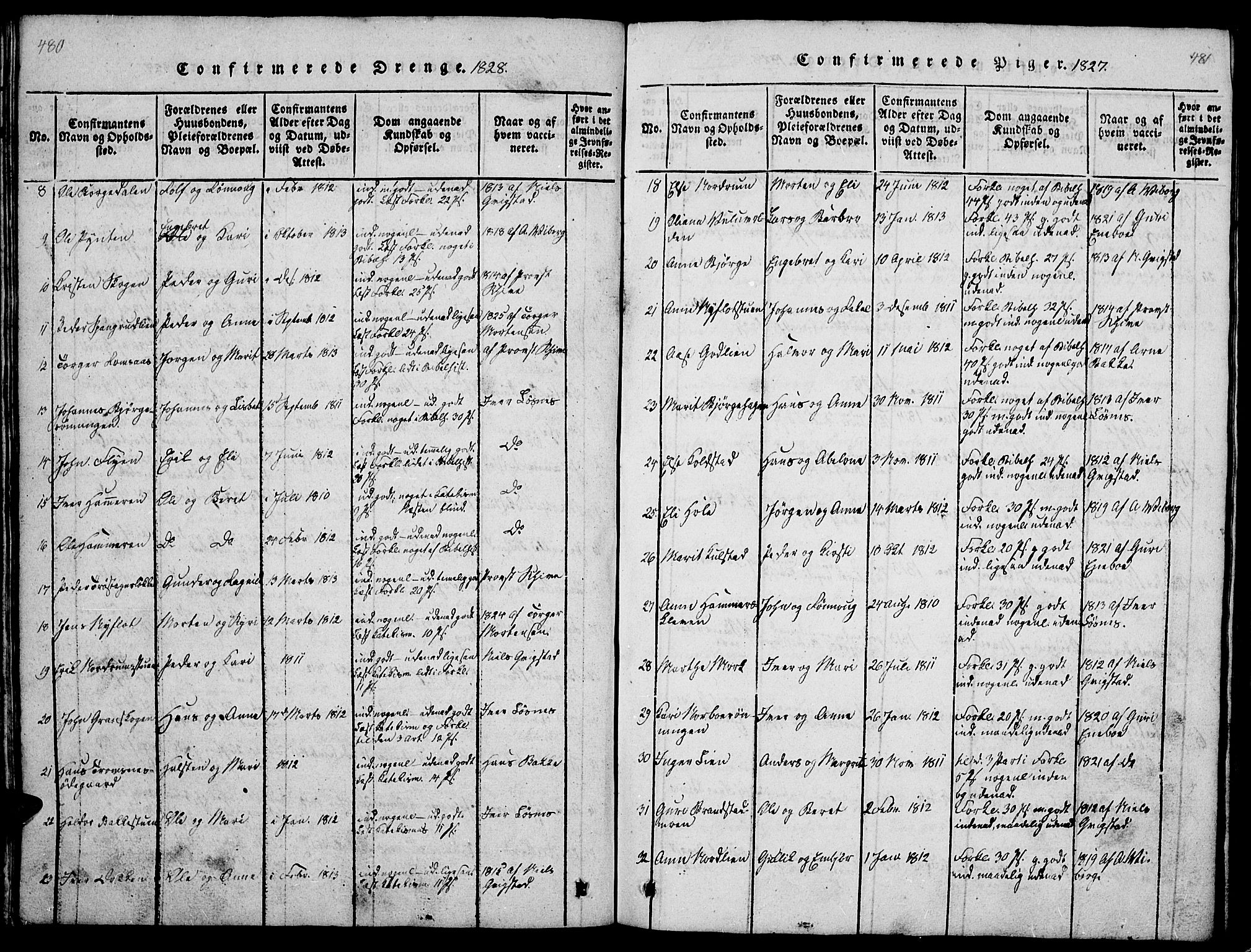 Ringebu prestekontor, SAH/PREST-082/H/Ha/Hab/L0001: Parish register (copy) no. 1, 1821-1839, p. 480-481