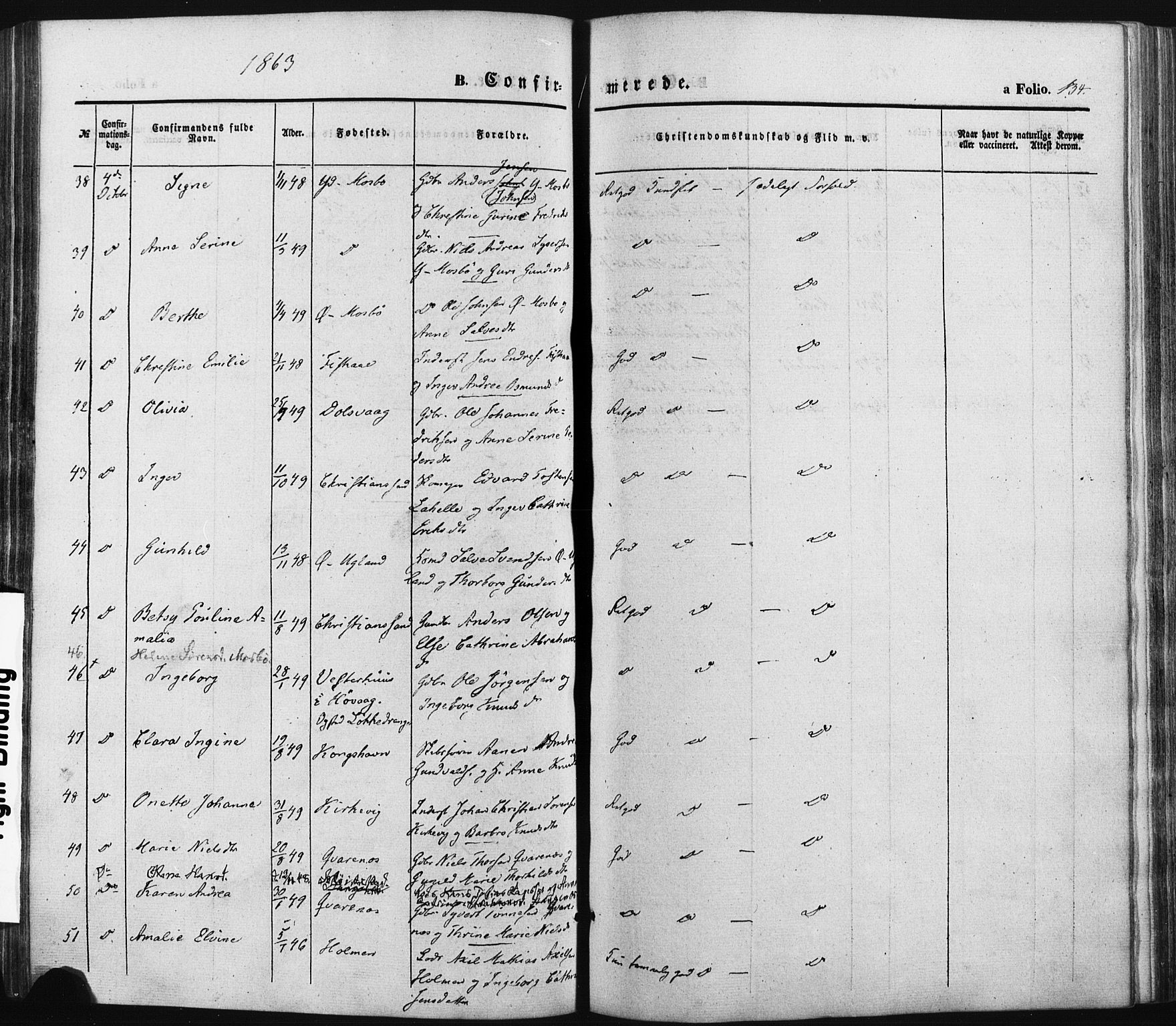 Oddernes sokneprestkontor, SAK/1111-0033/F/Fa/Faa/L0007: Parish register (official) no. A 7, 1851-1863, p. 134