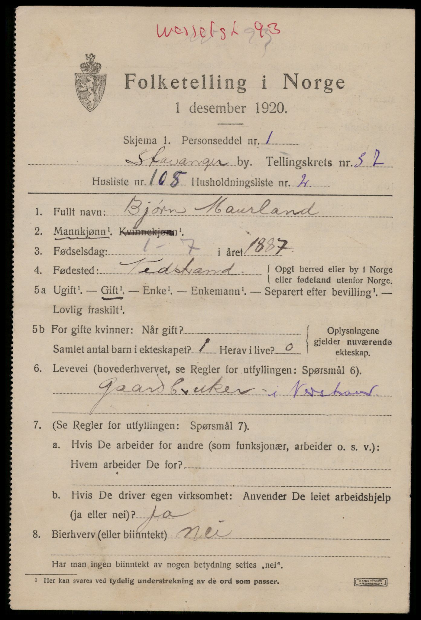 SAST, 1920 census for Stavanger, 1920, p. 99236