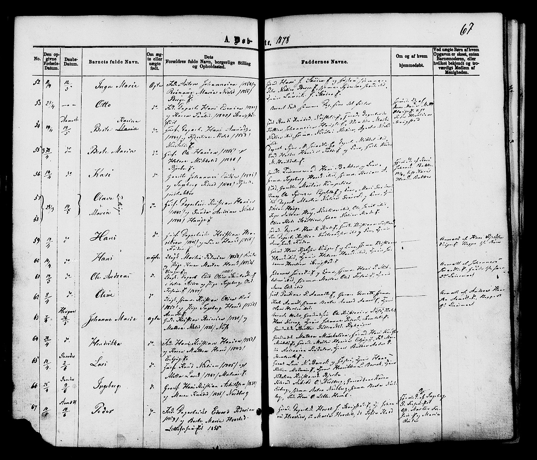 Nordre Land prestekontor, AV/SAH-PREST-124/H/Ha/Haa/L0002: Parish register (official) no. 2, 1872-1881, p. 67