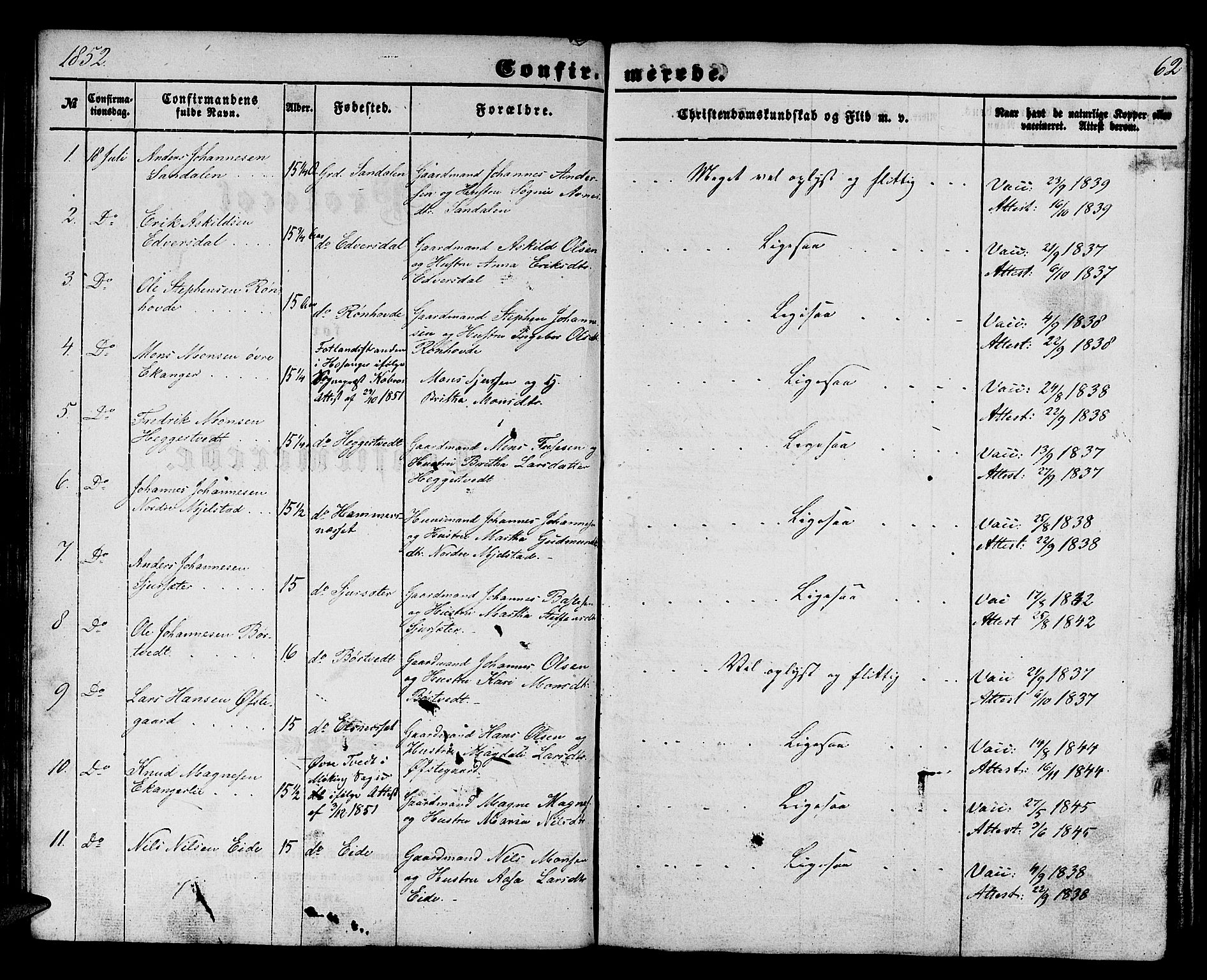 Hamre sokneprestembete, SAB/A-75501/H/Ha/Hab: Parish register (copy) no. B 1, 1852-1863, p. 62