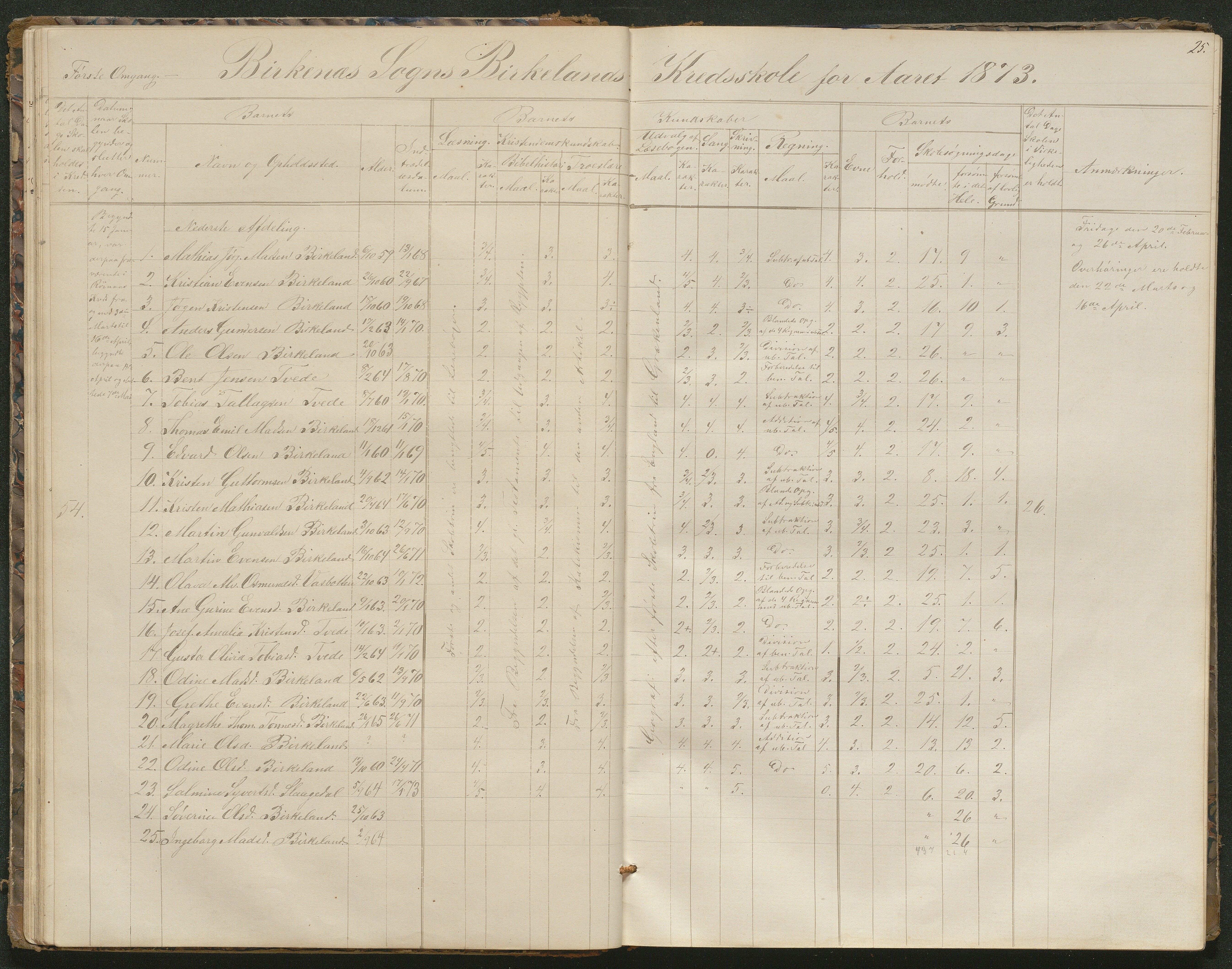 Birkenes kommune, Birkenes krets/Birkeland folkeskole frem til 1991, AAKS/KA0928-550a_91/F02/L0001: Skoleprotokoll, 1862-1896, p. 25