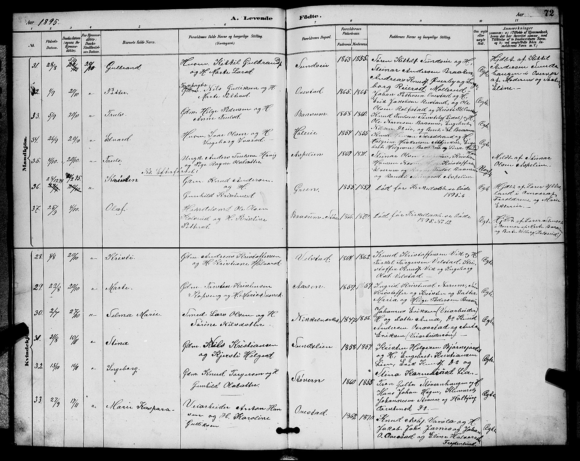 Sigdal kirkebøker, AV/SAKO-A-245/G/Ga/L0005: Parish register (copy) no. I 5, 1886-1900, p. 72