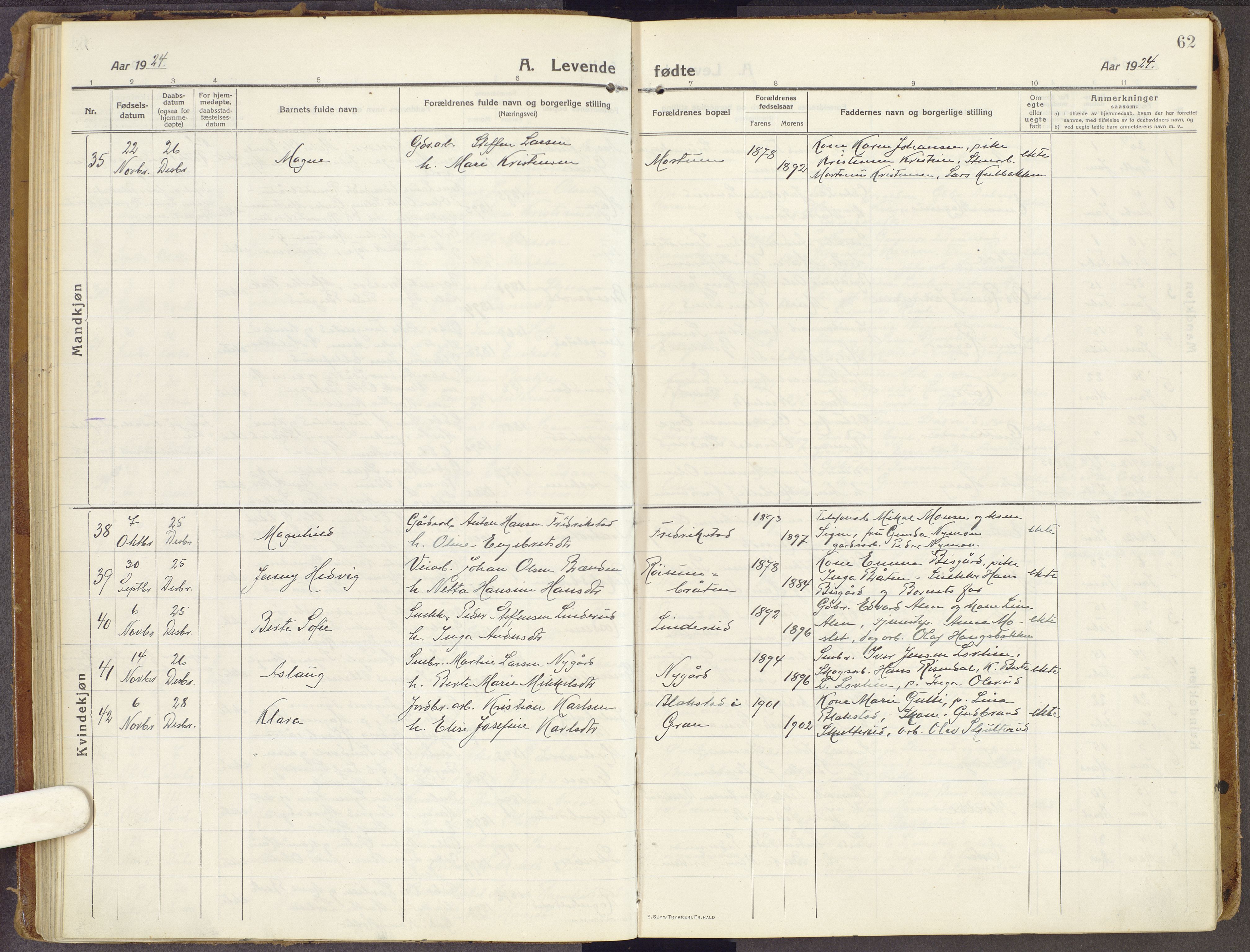 Brandbu prestekontor, SAH/PREST-114/H/Ha/Haa/L0003: Parish register (official) no. 3, 1914-1928, p. 62