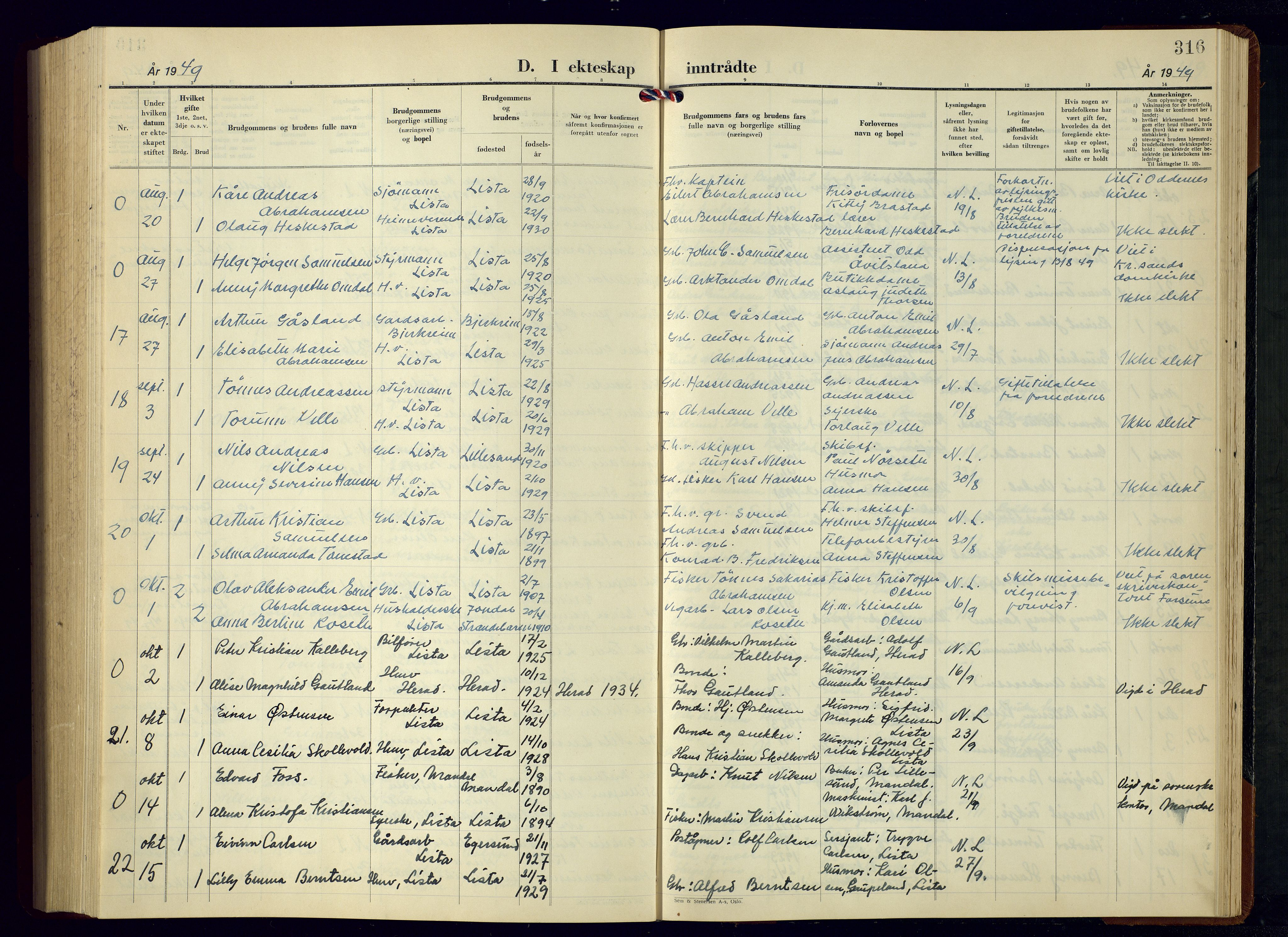 Lista sokneprestkontor, SAK/1111-0027/F/Fb/L0007: Parish register (copy) no. B 7, 1943-1970, p. 316