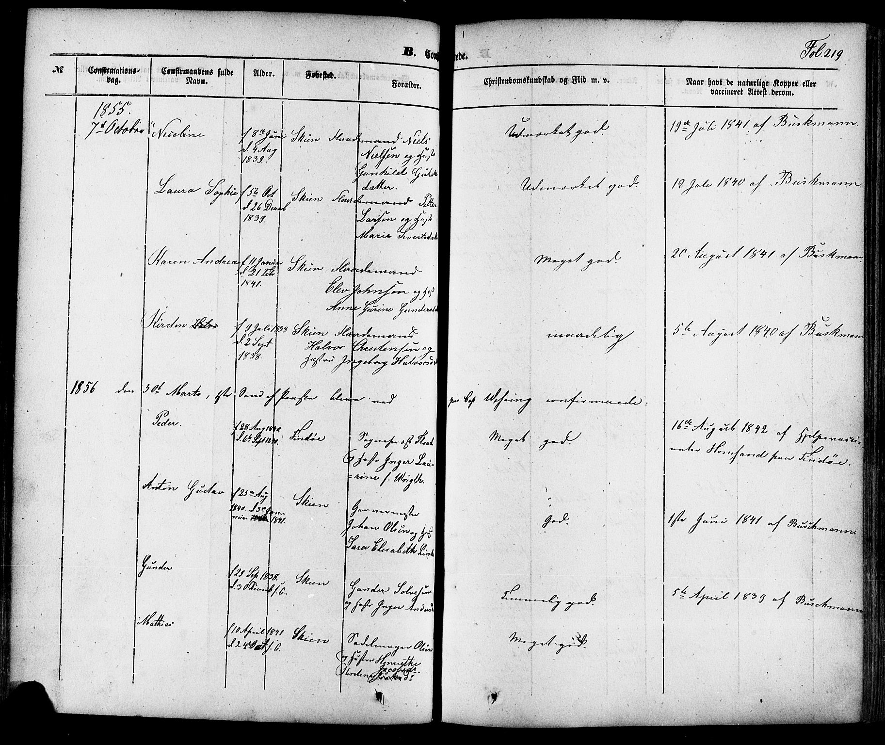 Skien kirkebøker, SAKO/A-302/F/Fa/L0006a: Parish register (official) no. 6A, 1843-1856, p. 219