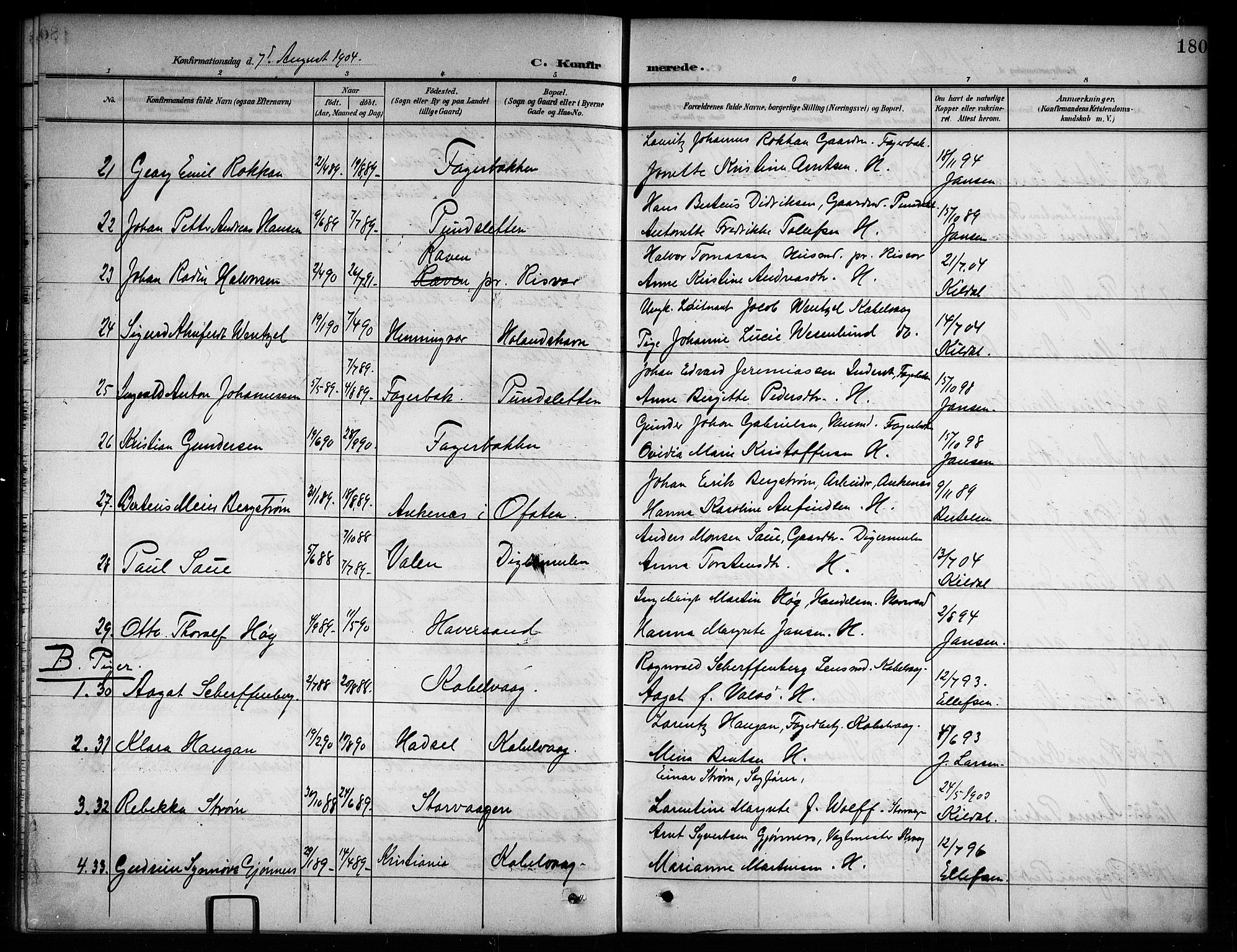 Ministerialprotokoller, klokkerbøker og fødselsregistre - Nordland, AV/SAT-A-1459/874/L1078: Parish register (copy) no. 874C07, 1900-1907, p. 180