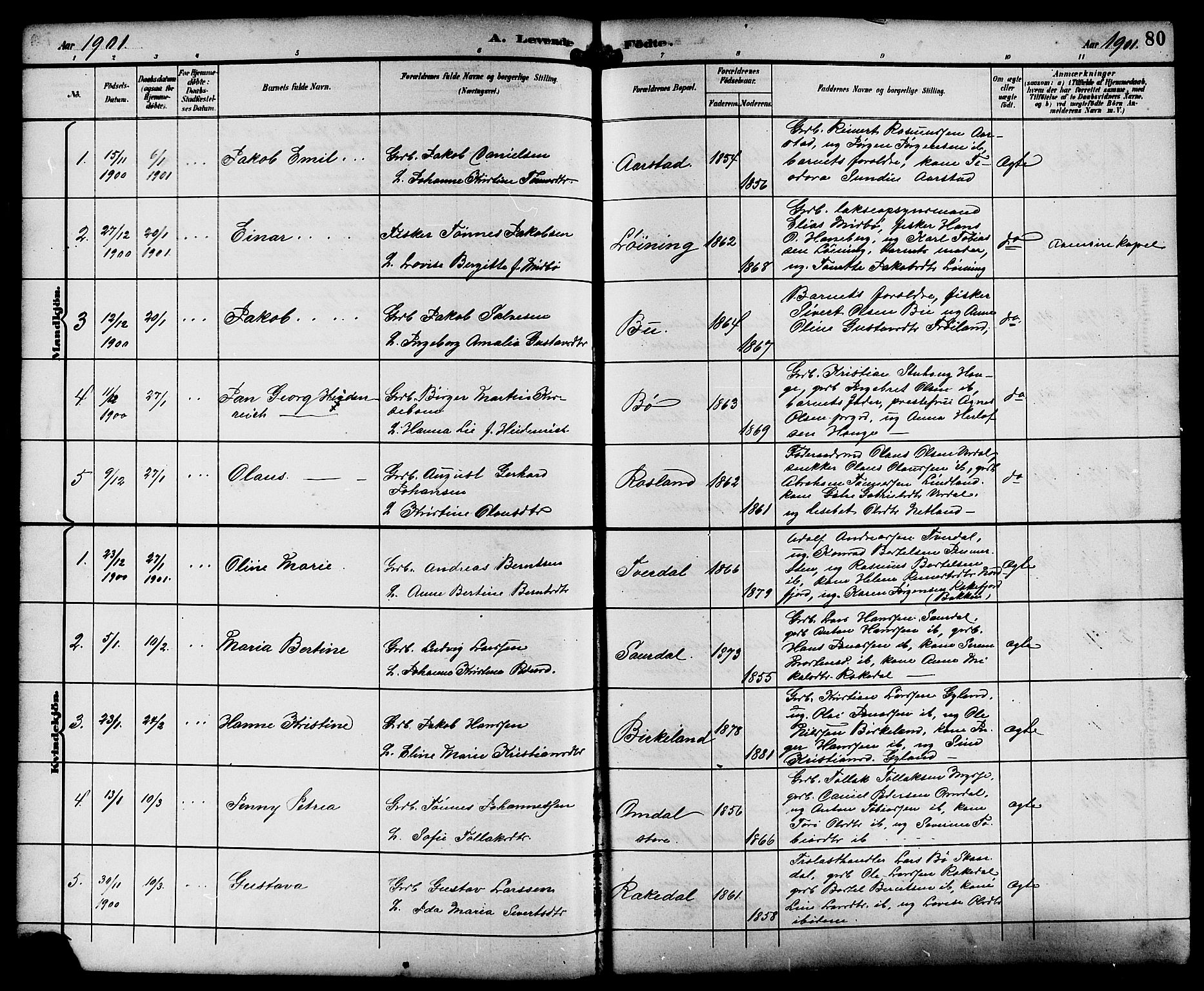 Sokndal sokneprestkontor, AV/SAST-A-101808: Parish register (copy) no. B 6, 1892-1907, p. 80