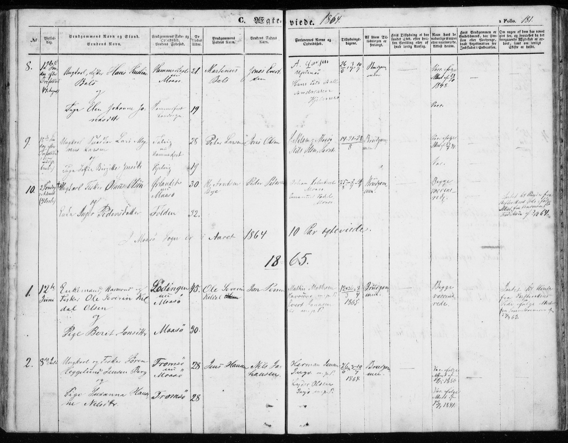 Måsøy sokneprestkontor, SATØ/S-1348/H/Ha/L0002kirke: Parish register (official) no. 2, 1852-1865, p. 181