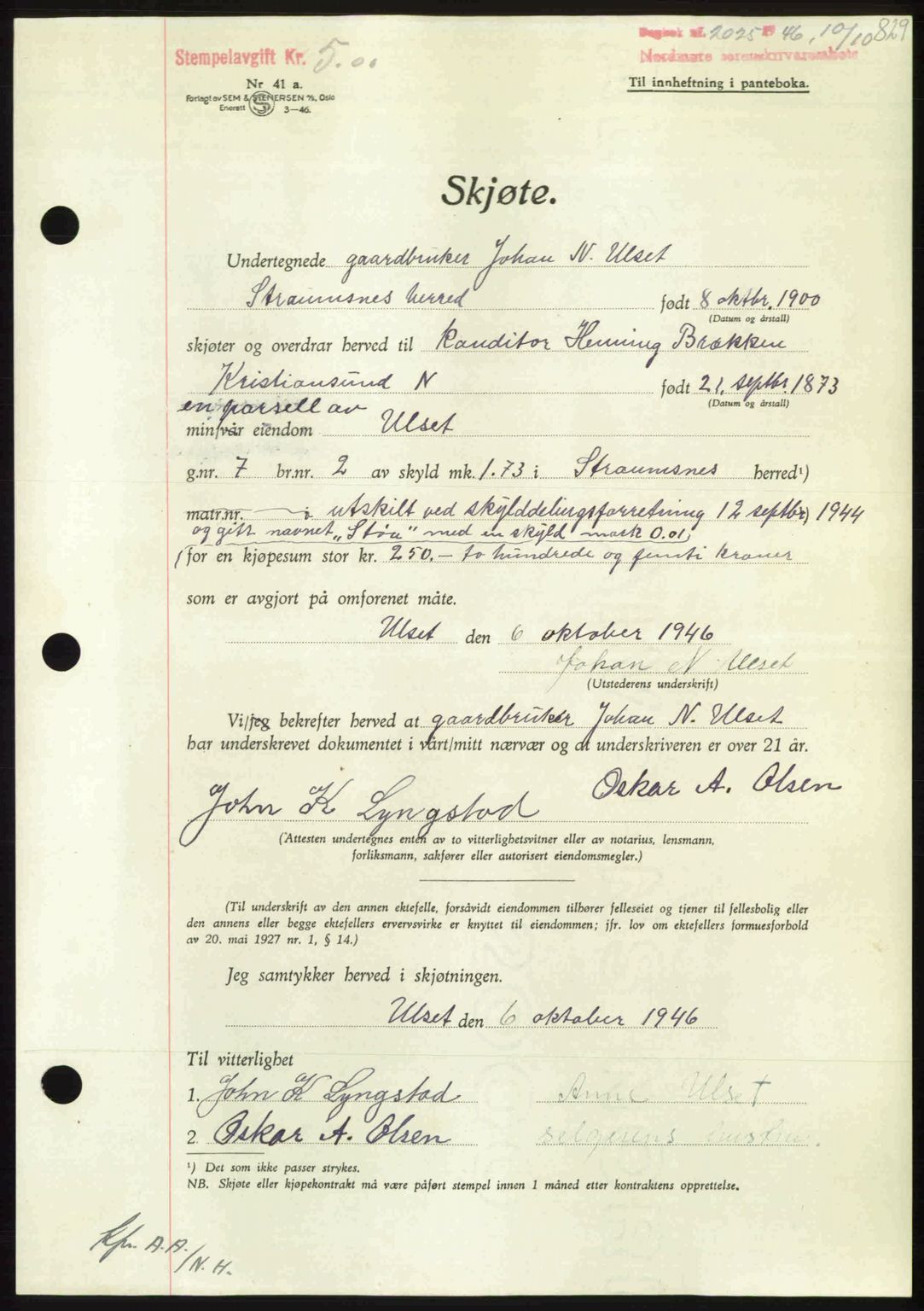 Nordmøre sorenskriveri, AV/SAT-A-4132/1/2/2Ca: Mortgage book no. A102, 1946-1946, Diary no: : 2025/1946