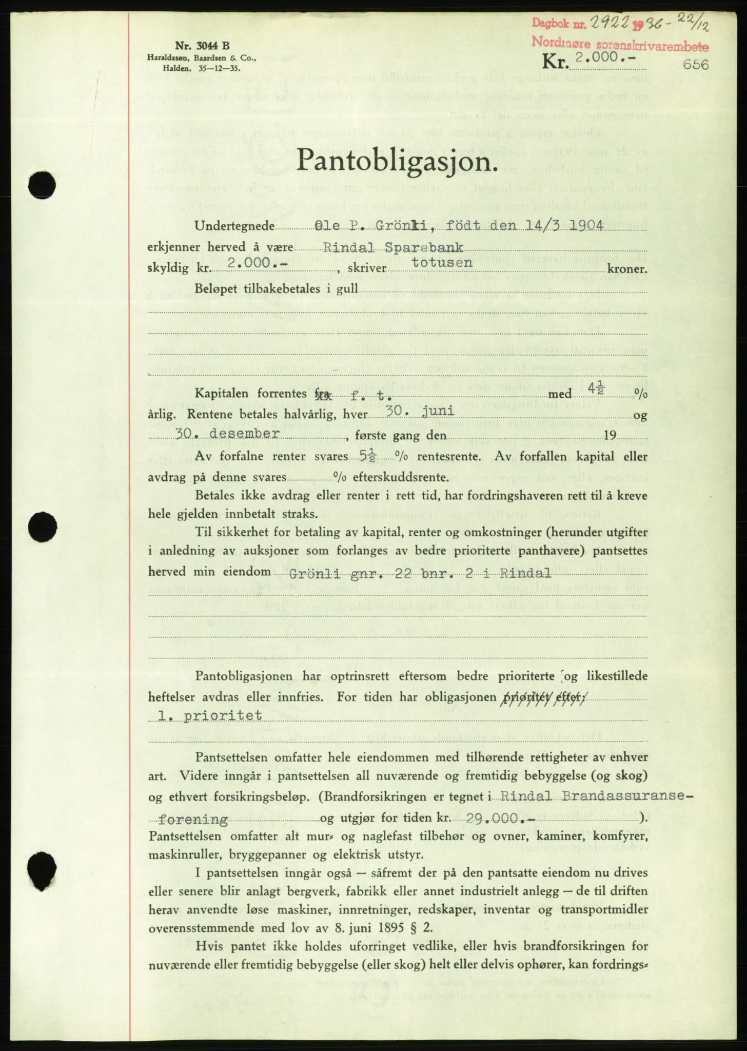 Nordmøre sorenskriveri, AV/SAT-A-4132/1/2/2Ca/L0090: Mortgage book no. B80, 1936-1937, Diary no: : 2922/1936