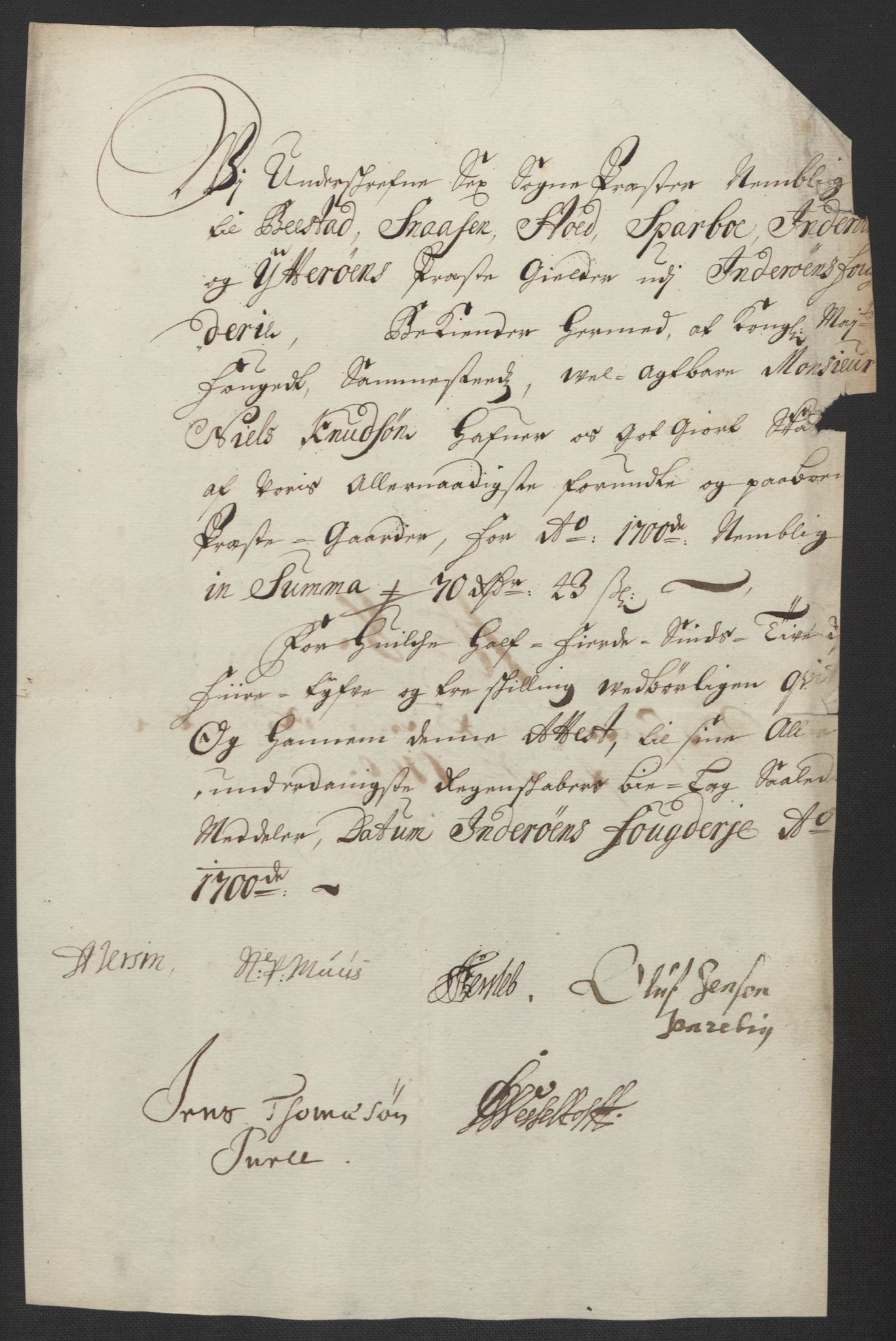 Rentekammeret inntil 1814, Reviderte regnskaper, Fogderegnskap, RA/EA-4092/R63/L4311: Fogderegnskap Inderøy, 1700, p. 126