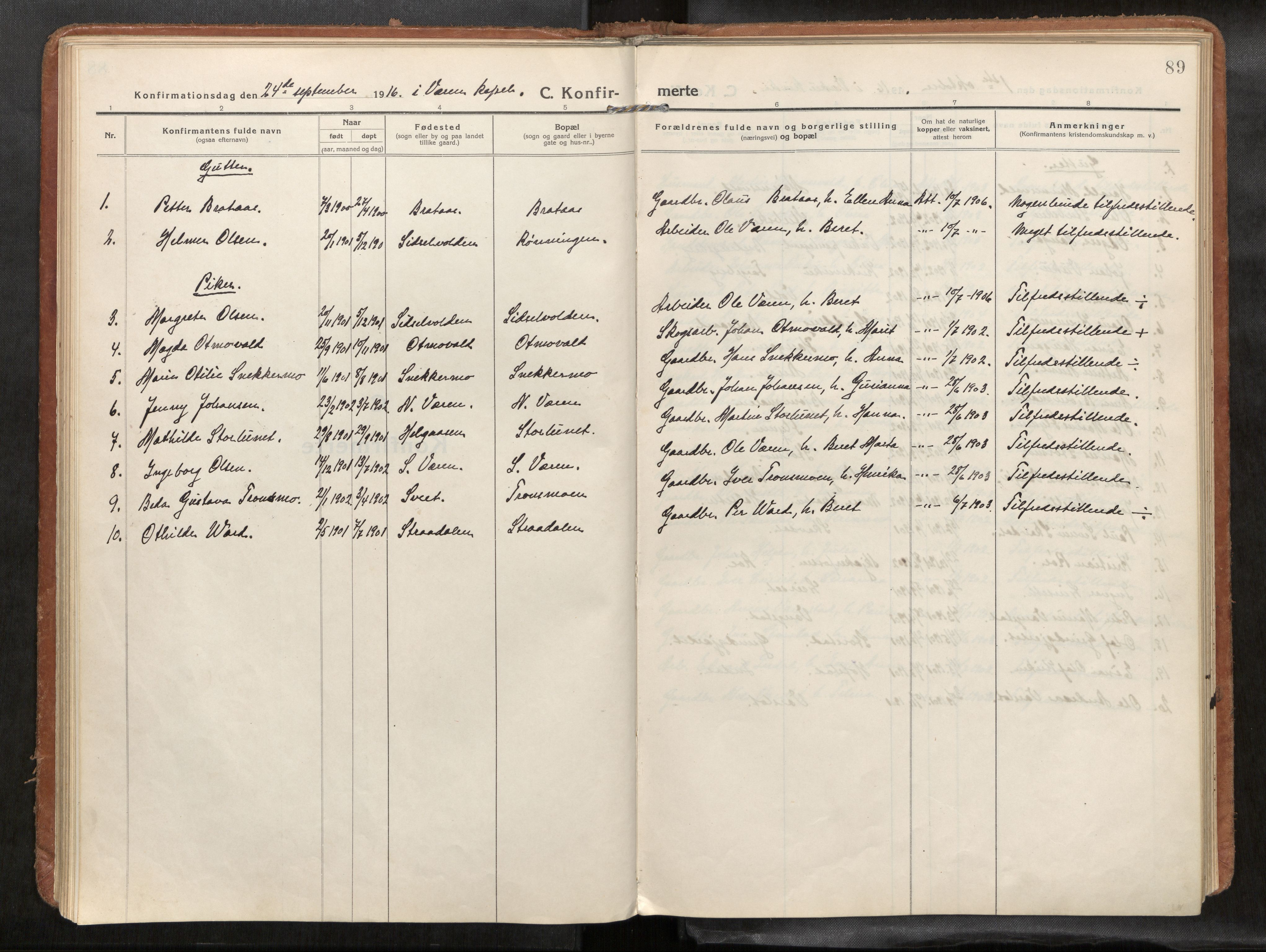 Verdal sokneprestkontor, AV/SAT-A-1156/2/H/Haa/L0004: Parish register (official) no. 4, 1916-1928, p. 89