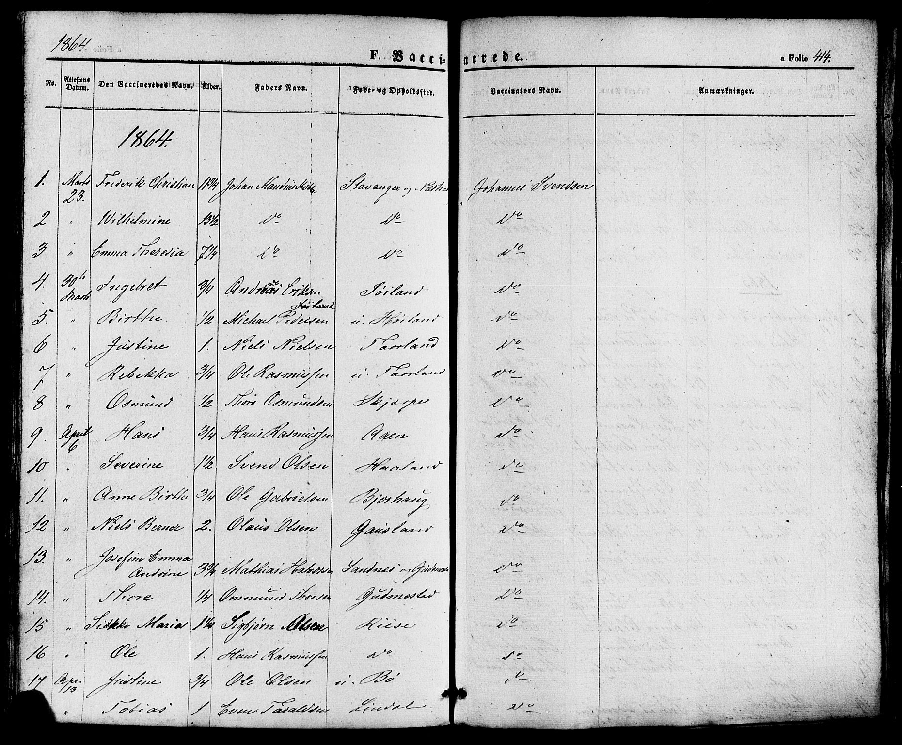 Hå sokneprestkontor, SAST/A-101801/001/30BA/L0008: Parish register (official) no. A 7, 1853-1878, p. 414