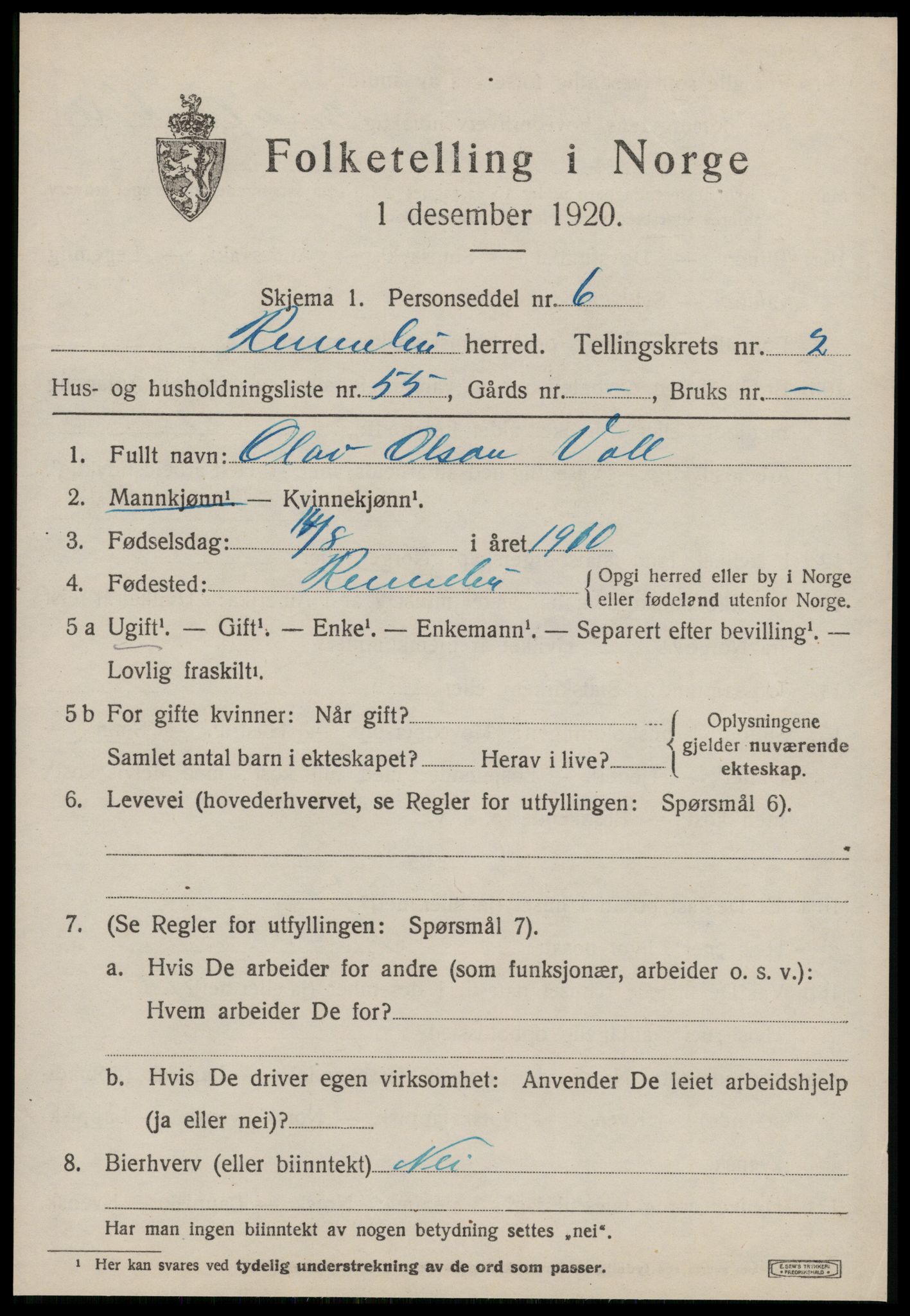 SAT, 1920 census for Rennebu, 1920, p. 1910