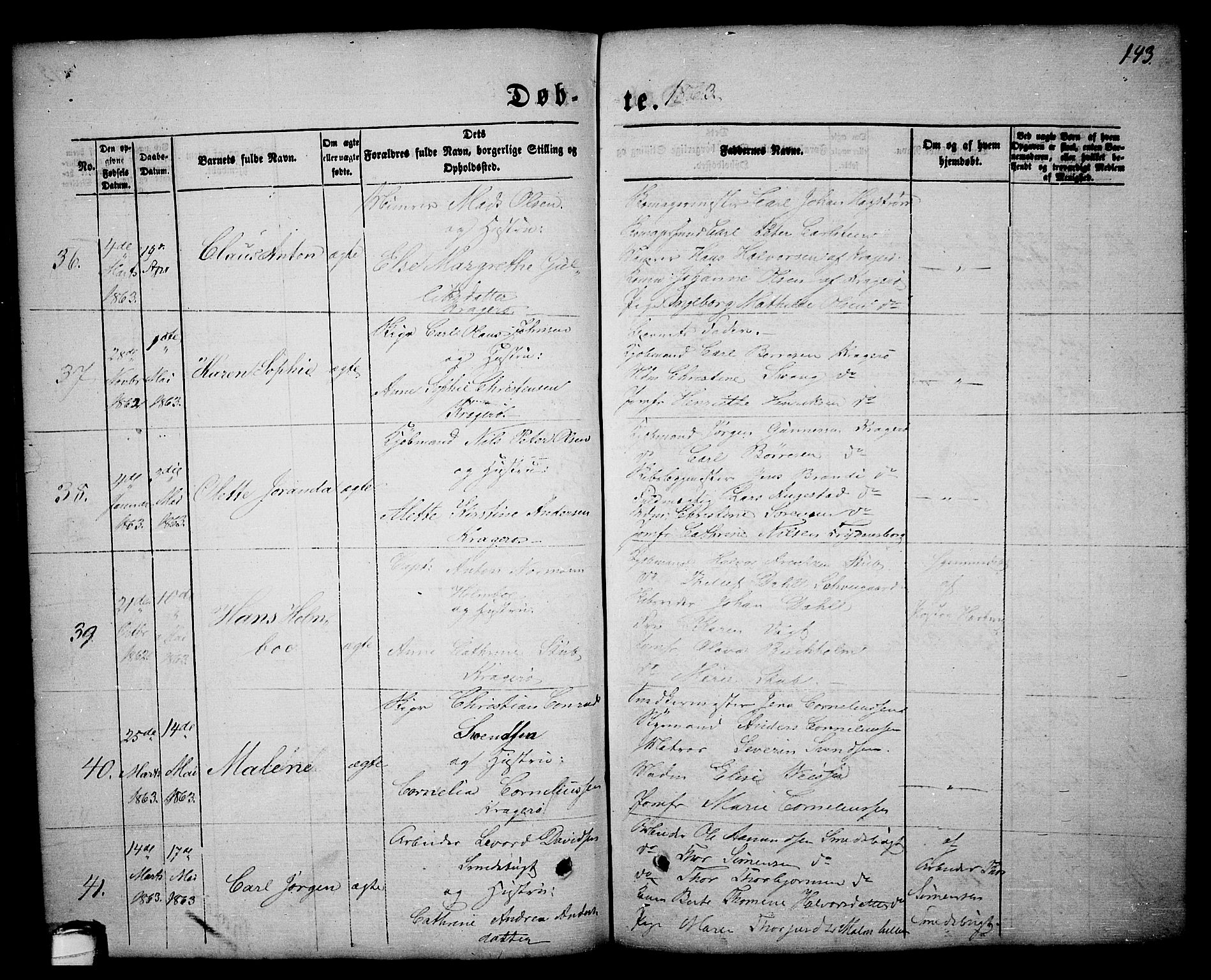 Kragerø kirkebøker, AV/SAKO-A-278/G/Ga/L0004: Parish register (copy) no. 4, 1853-1865, p. 143