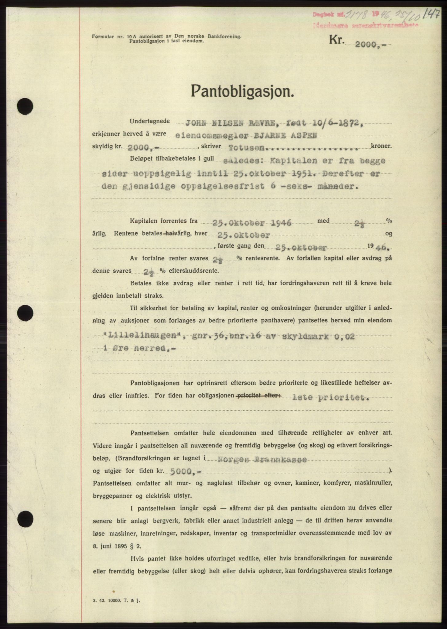 Nordmøre sorenskriveri, AV/SAT-A-4132/1/2/2Ca: Mortgage book no. B95, 1946-1947, Diary no: : 2178/1946