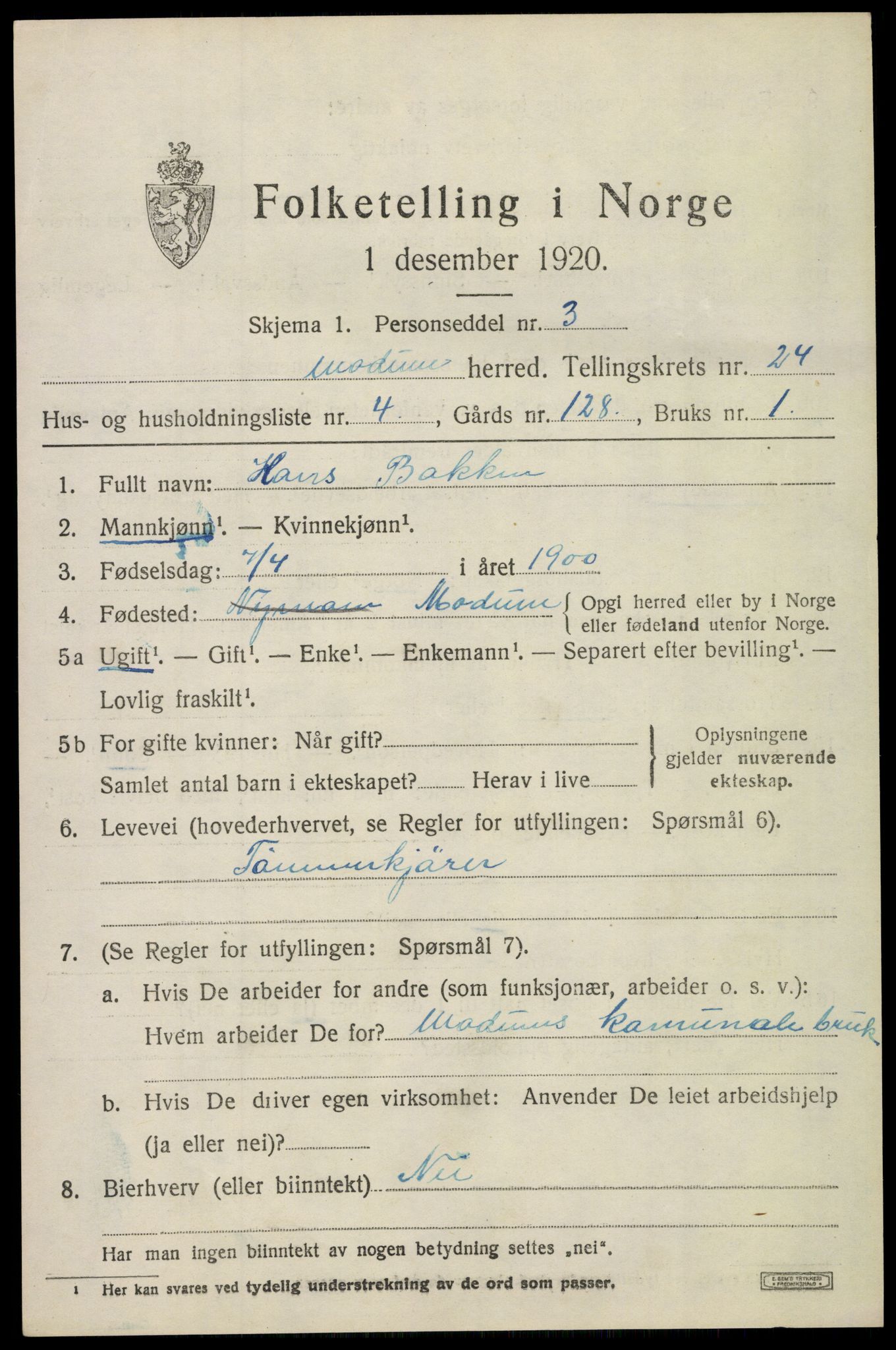 SAKO, 1920 census for Modum, 1920, p. 24317