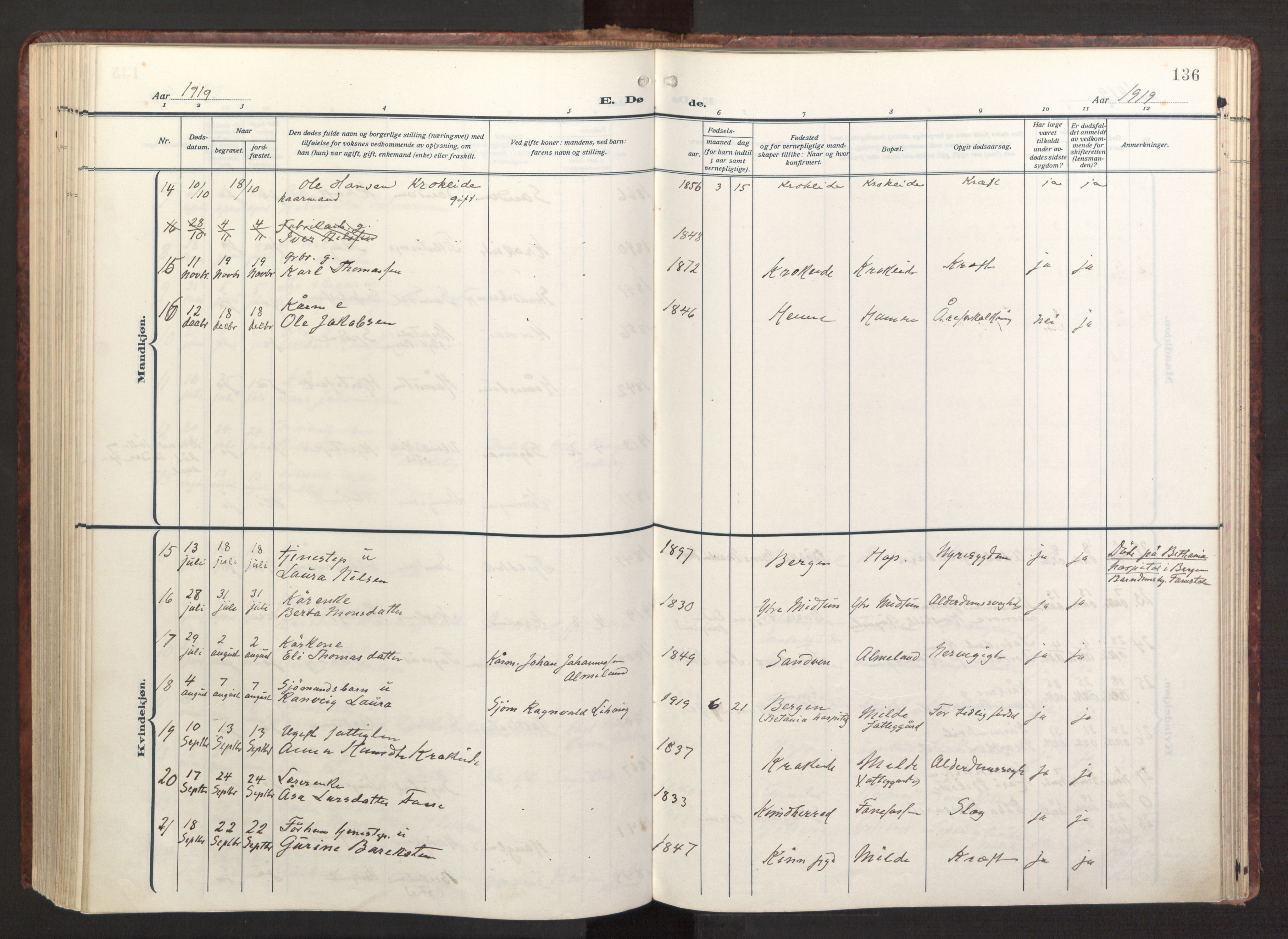 Fana Sokneprestembete, AV/SAB-A-75101/H/Haa/Haab/L0005: Parish register (official) no. B 5, 1915-1923, p. 136