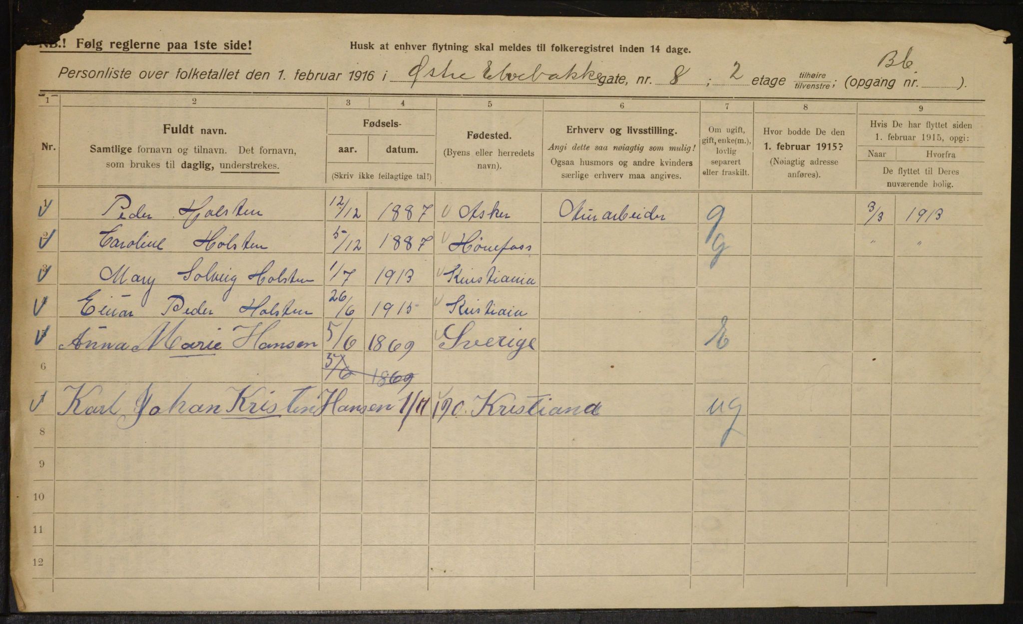 OBA, Municipal Census 1916 for Kristiania, 1916, p. 133134