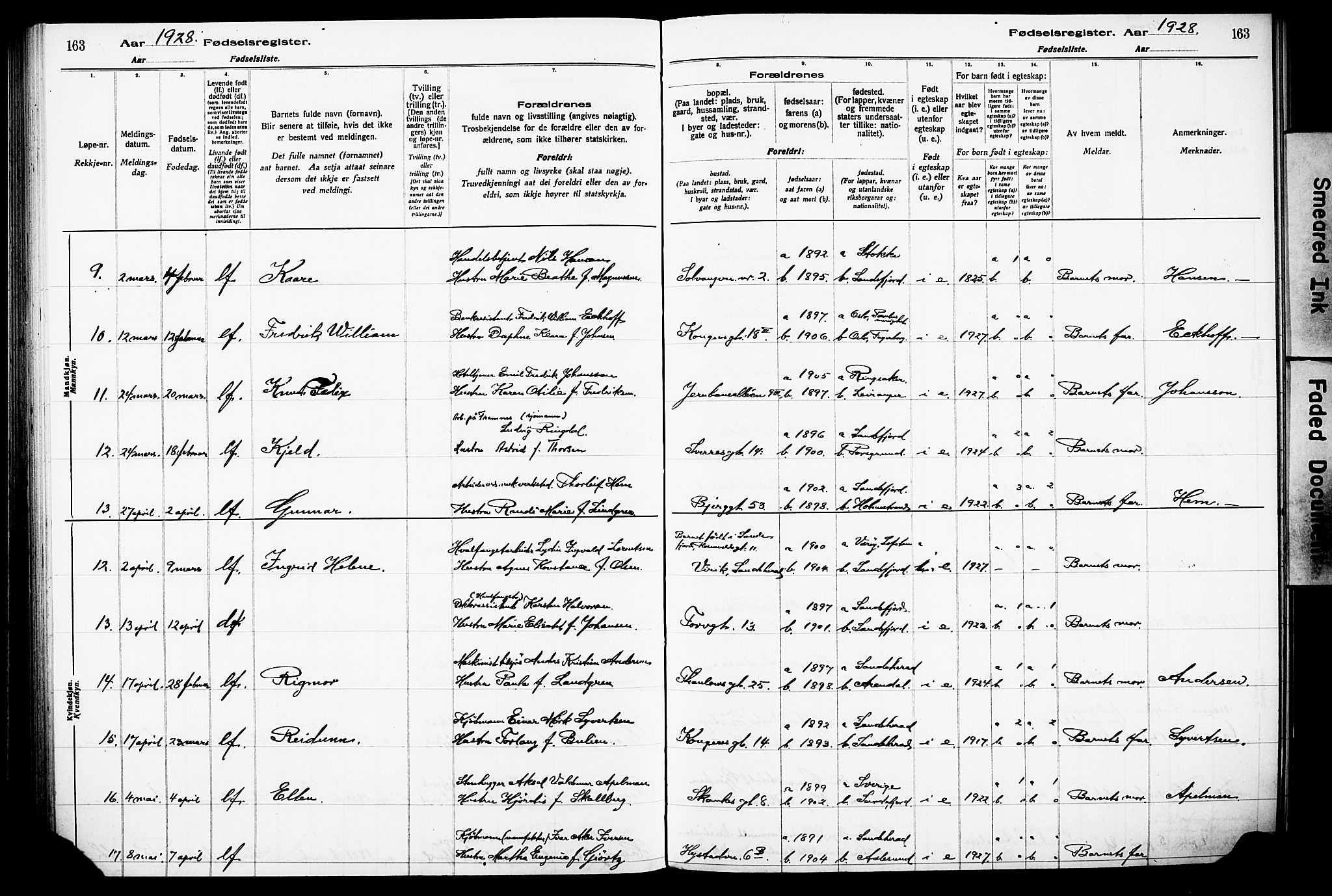 Sandefjord kirkebøker, AV/SAKO-A-315/J/Ja/L0001: Birth register no. 1, 1916-1932, p. 163