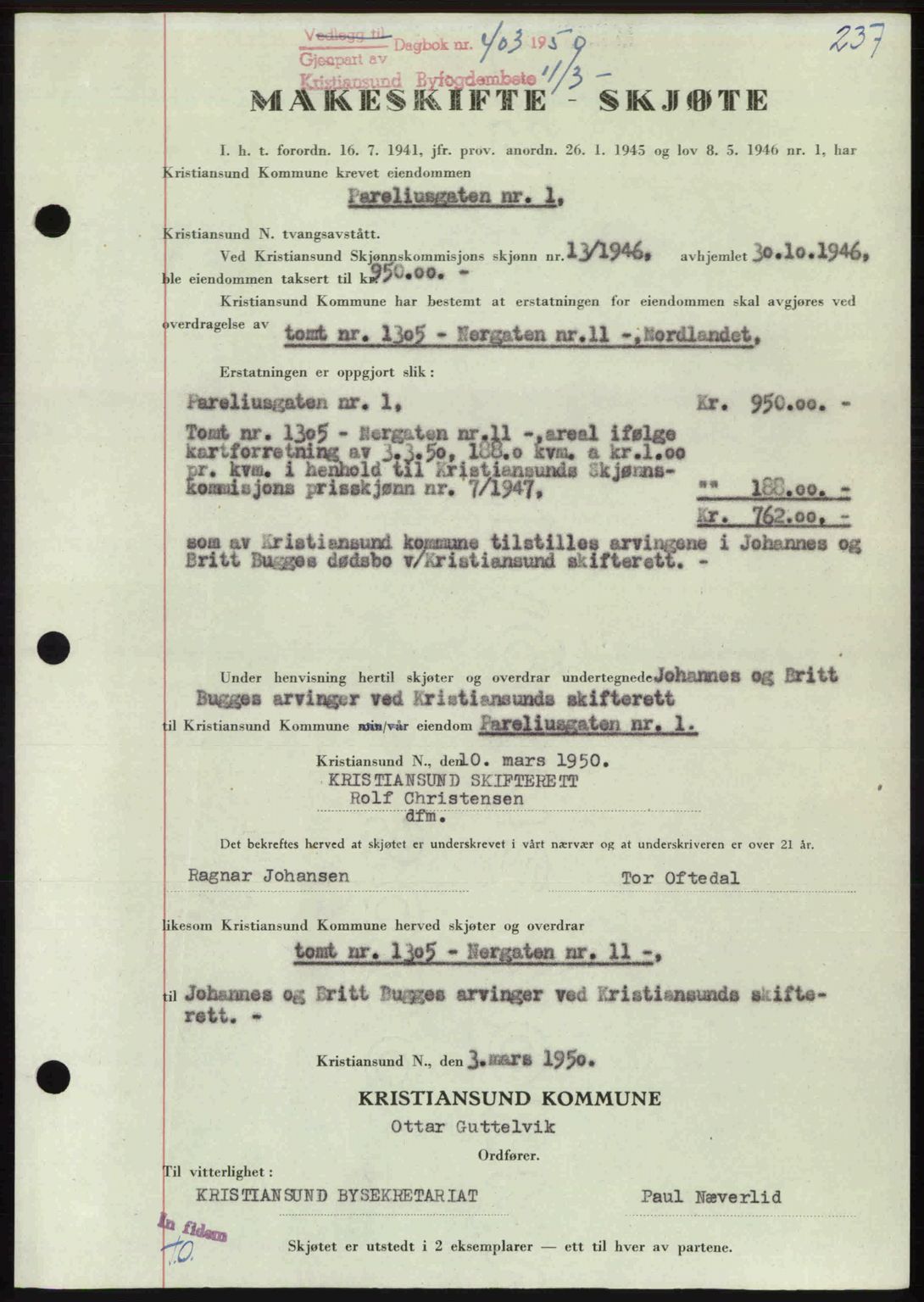 Kristiansund byfogd, AV/SAT-A-4587/A/27: Mortgage book no. 46, 1949-1950, Diary no: : 403/1950