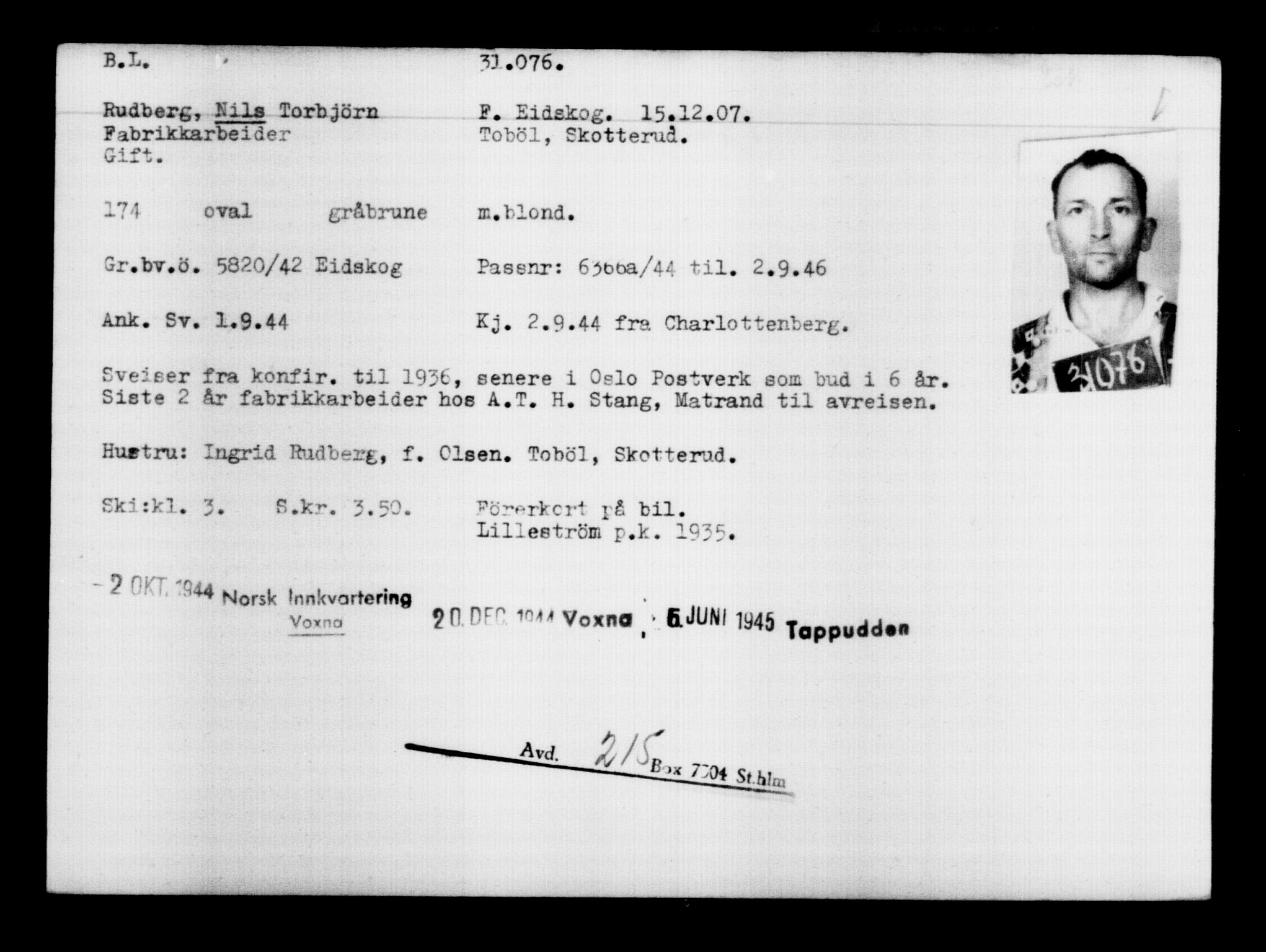 Den Kgl. Norske Legasjons Flyktningskontor, RA/S-6753/V/Va/L0012: Kjesäterkartoteket.  Flyktningenr. 28300-31566, 1940-1945, p. 3009