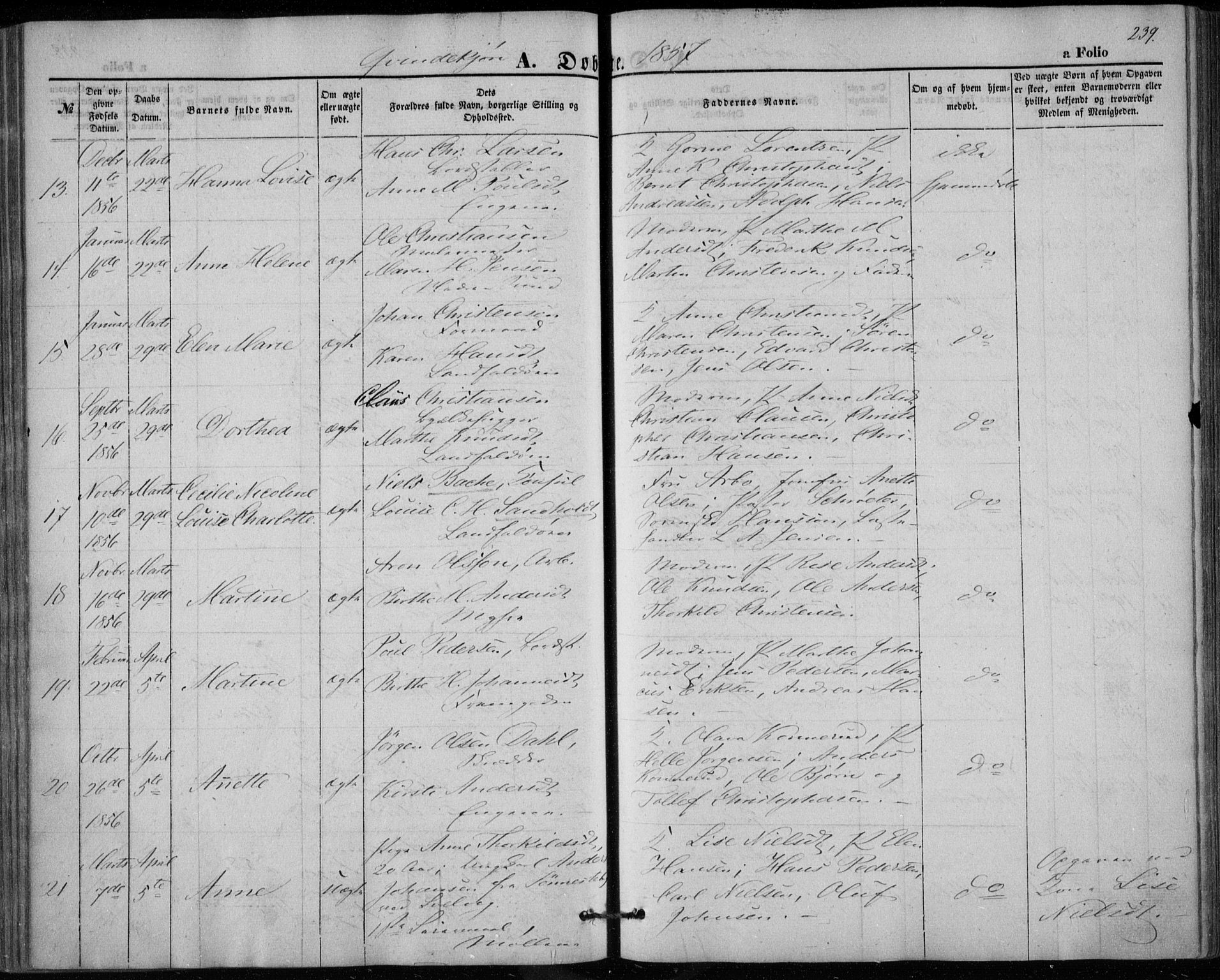 Bragernes kirkebøker, SAKO/A-6/F/Fb/L0002: Parish register (official) no. II 2, 1848-1859, p. 239