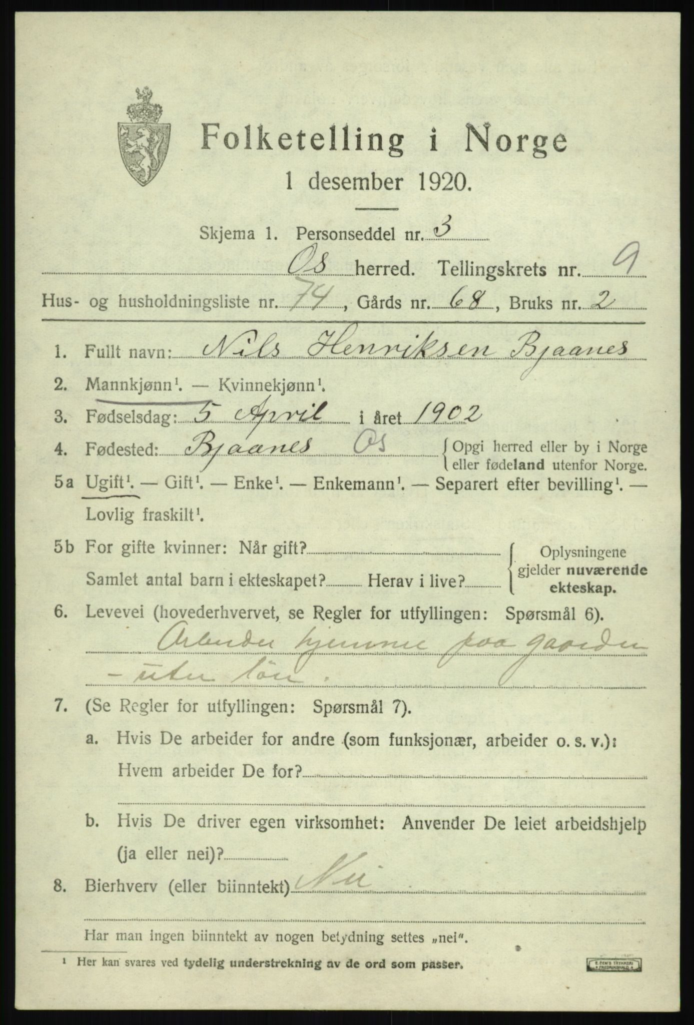 SAB, 1920 census for Os, 1920, p. 8208