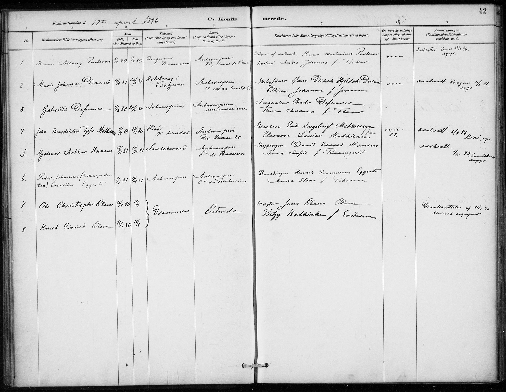 Den norske sjømannsmisjon i utlandet/Antwerpen, SAB/SAB/PA-0105/H/Ha/L0002: Parish register (official) no. A 2, 1887-1913, p. 42