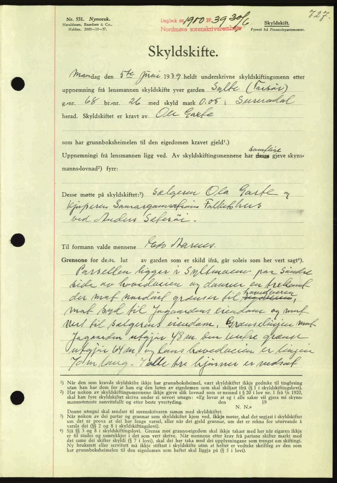 Nordmøre sorenskriveri, AV/SAT-A-4132/1/2/2Ca: Mortgage book no. A86, 1939-1939, Diary no: : 1900/1939