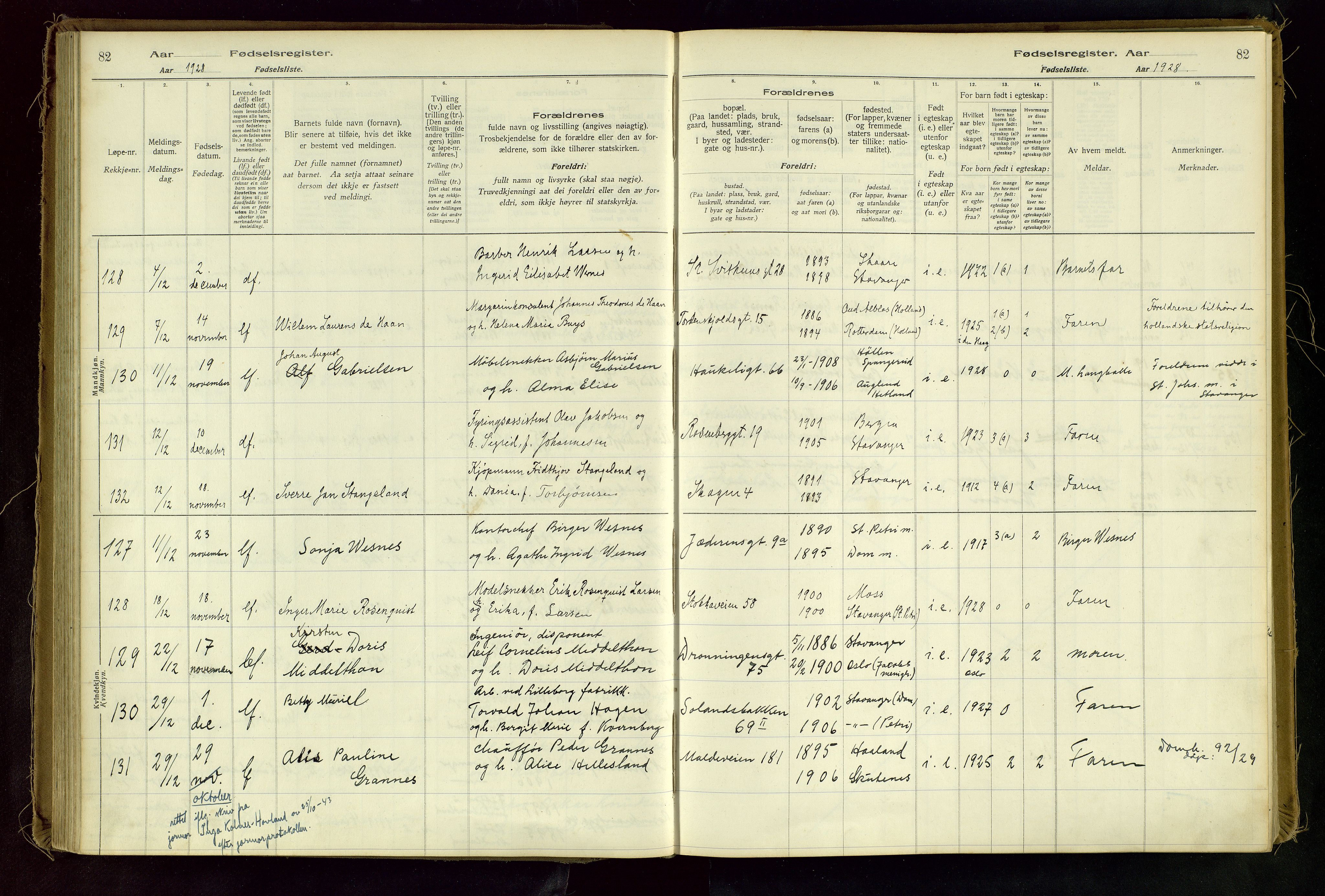 Domkirken sokneprestkontor, AV/SAST-A-101812/002/A/L0001: Birth register no. 1, 1925-1932, p. 82