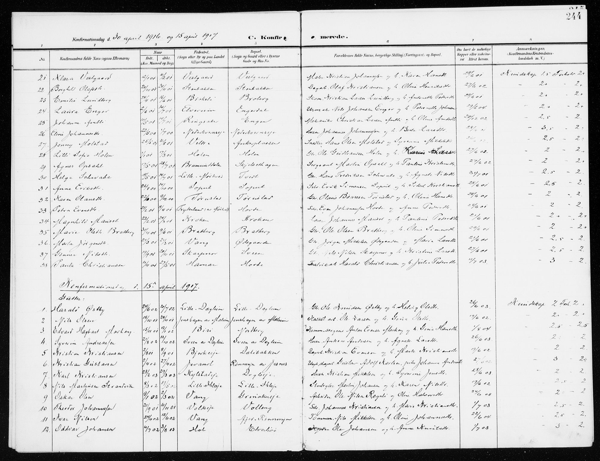 Furnes prestekontor, SAH/PREST-012/K/Ka/L0001: Parish register (official) no. 1, 1907-1935, p. 244