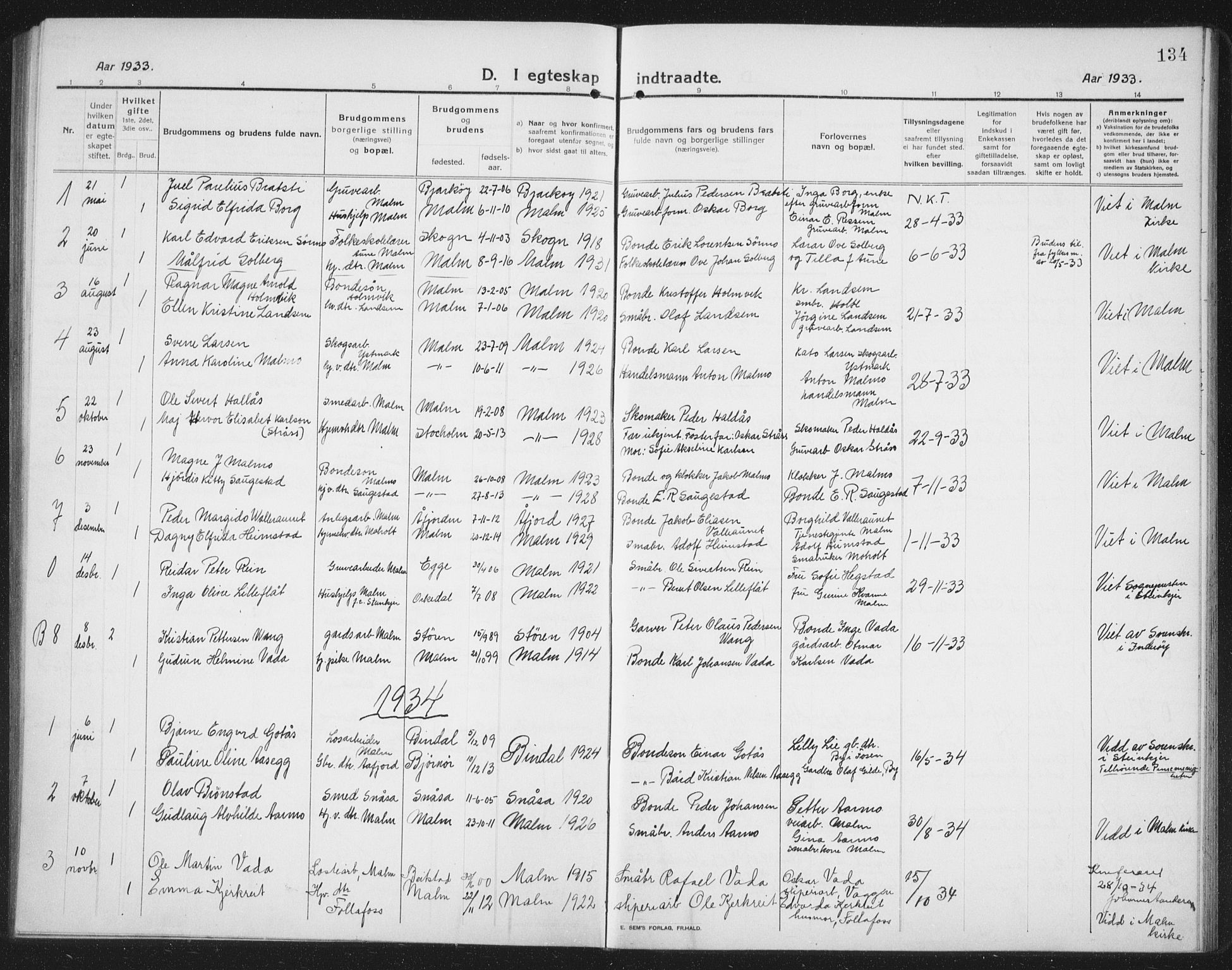 Ministerialprotokoller, klokkerbøker og fødselsregistre - Nord-Trøndelag, SAT/A-1458/745/L0434: Parish register (copy) no. 745C03, 1914-1937, p. 134