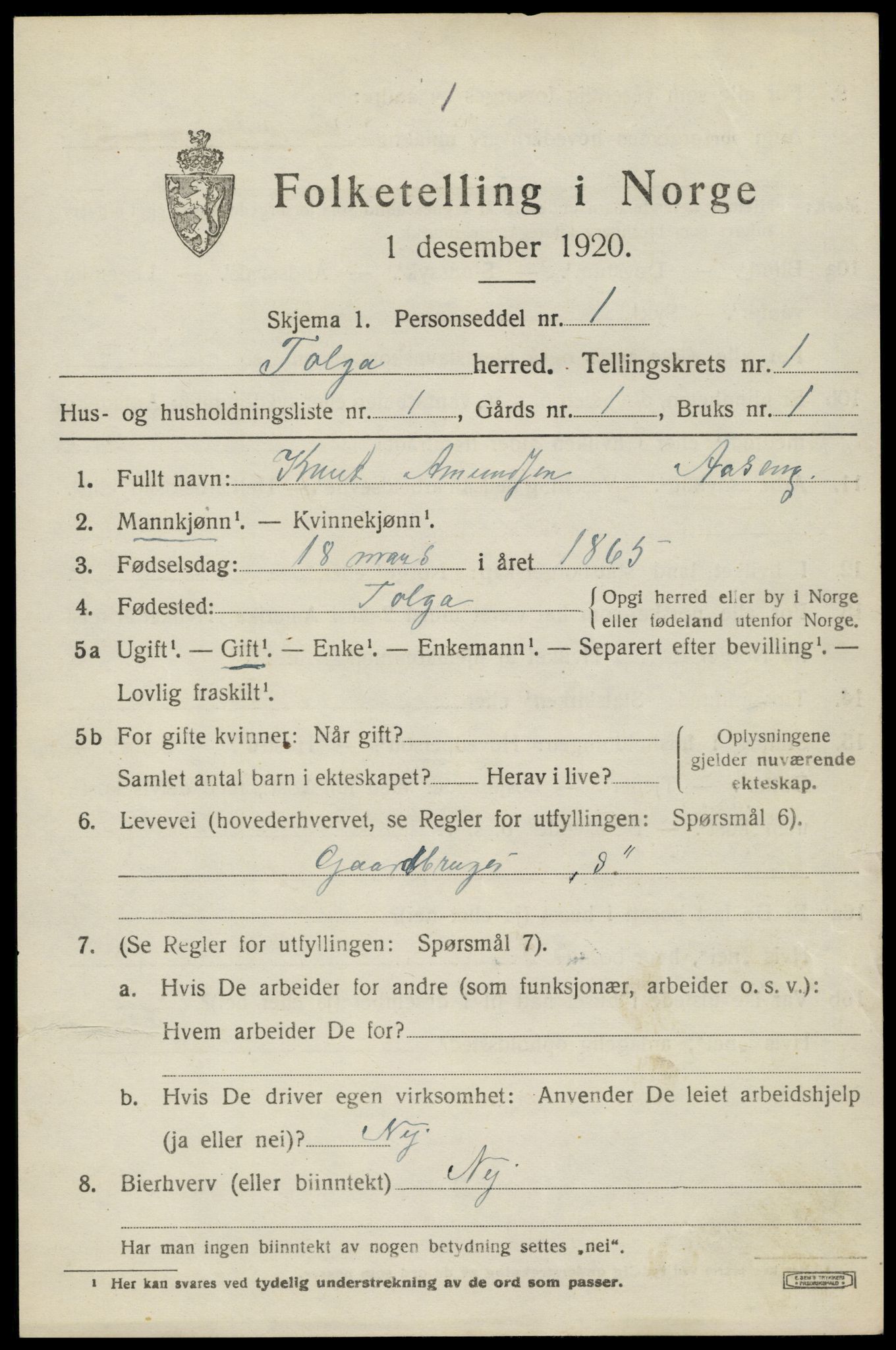 SAH, 1920 census for Tolga, 1920, p. 1379