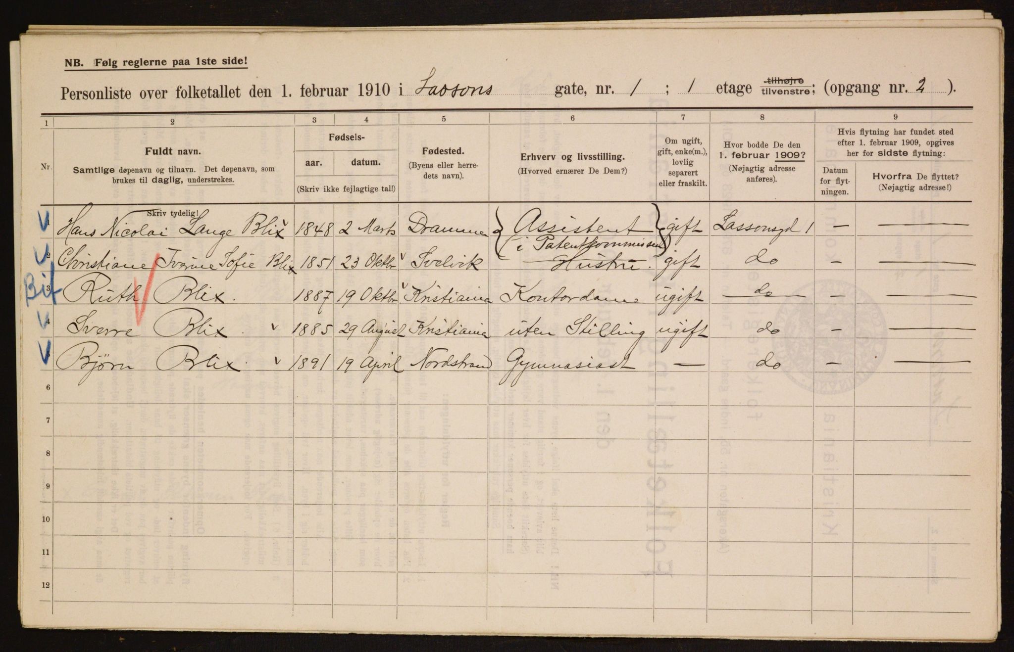 OBA, Municipal Census 1910 for Kristiania, 1910, p. 55263