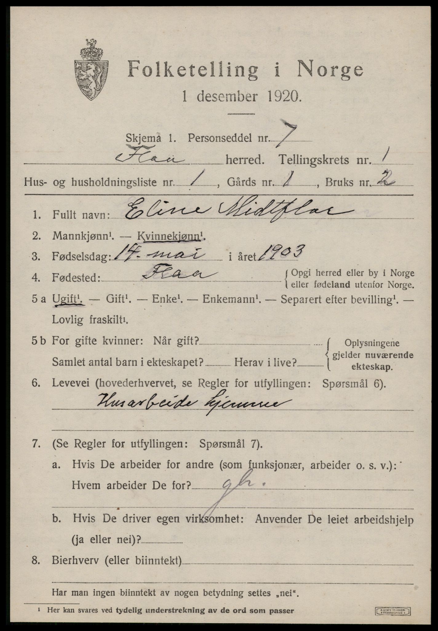 SAT, 1920 census for Flå, 1920, p. 288