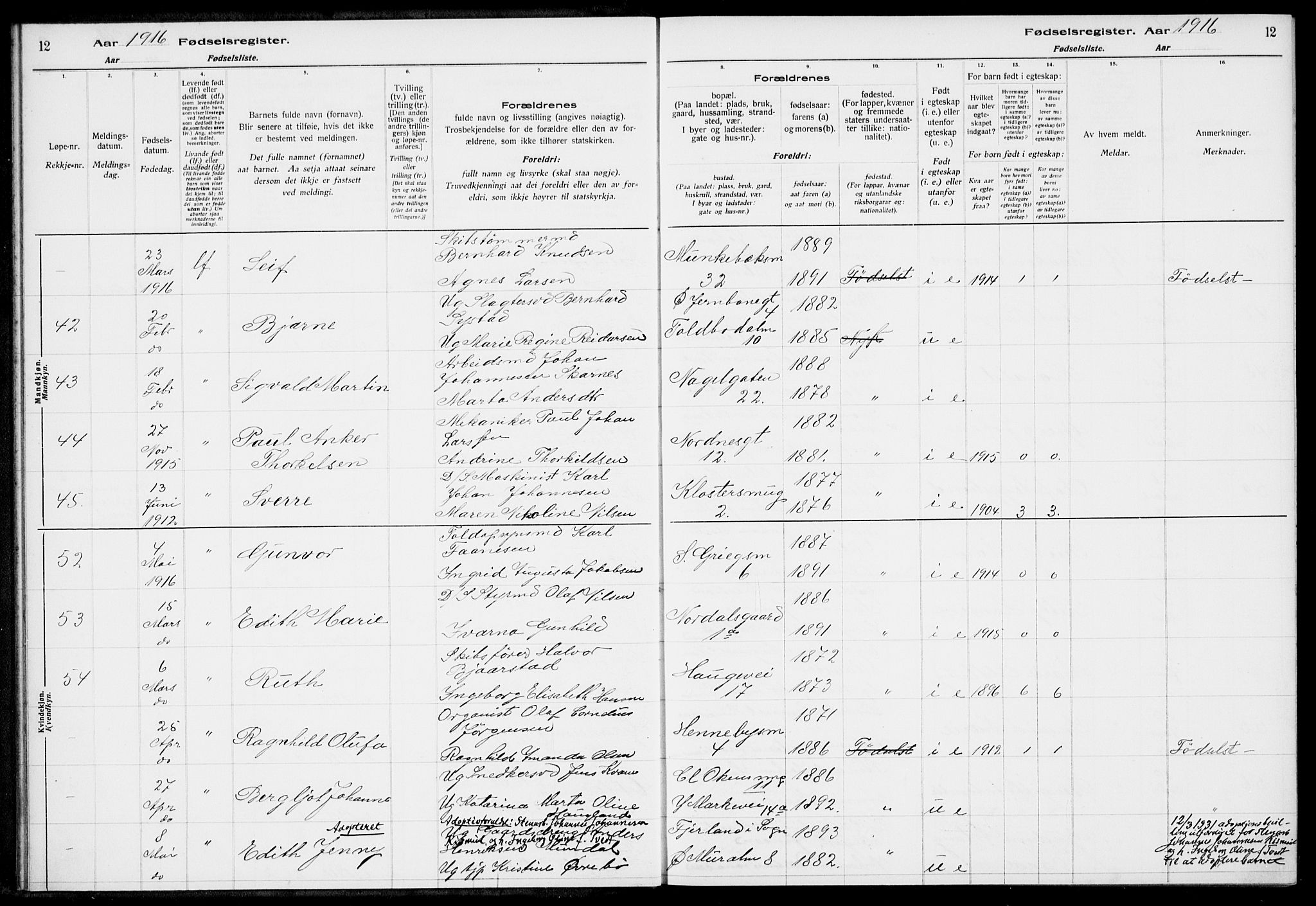 Nykirken Sokneprestembete, AV/SAB-A-77101/I/Id/L00A1: Birth register no. A 1, 1916-1922, p. 12