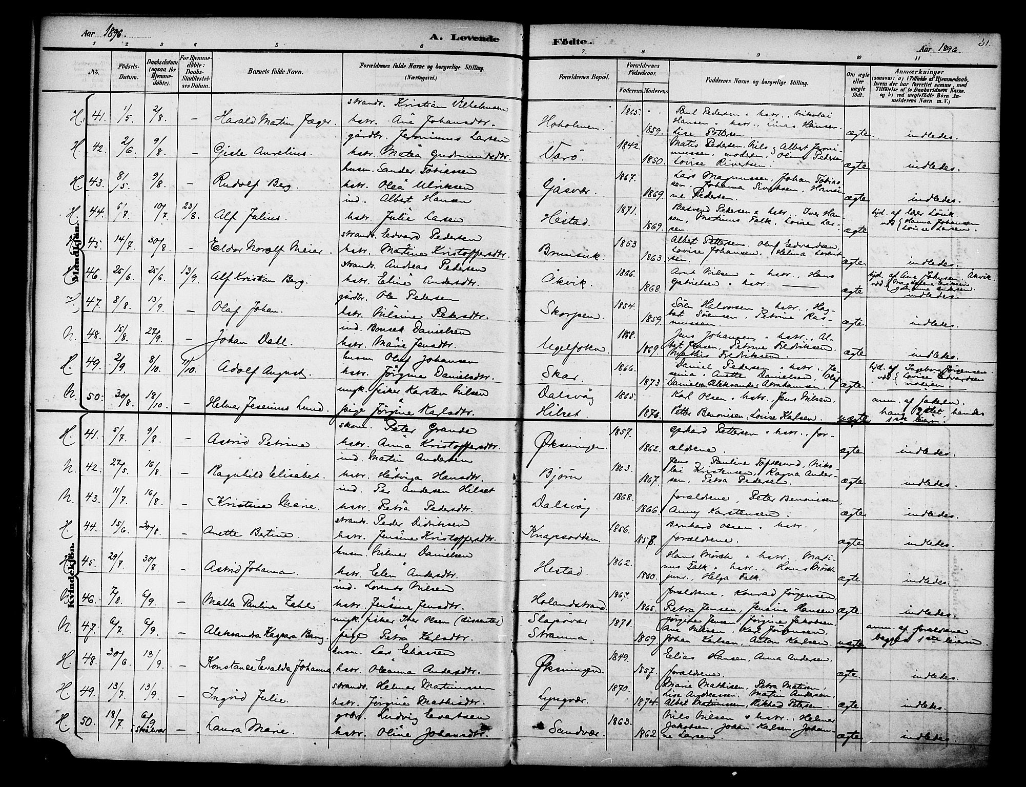 Ministerialprotokoller, klokkerbøker og fødselsregistre - Nordland, AV/SAT-A-1459/834/L0508: Parish register (official) no. 834A06, 1892-1901, p. 31