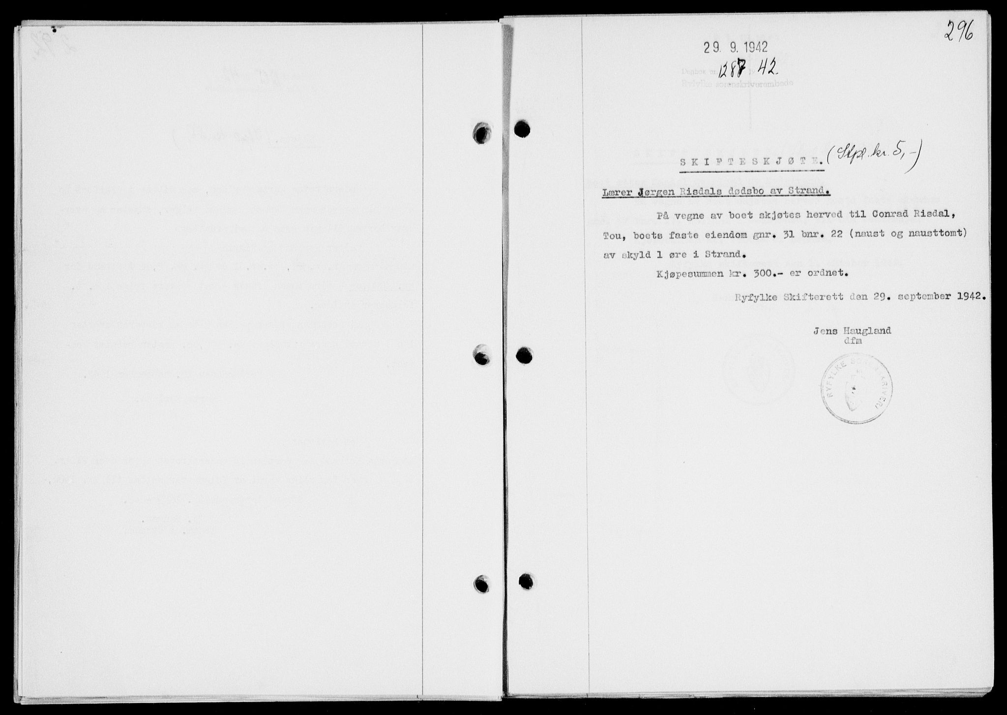 Ryfylke tingrett, SAST/A-100055/001/II/IIB/L0088: Mortgage book no. 67, 1942-1942, Diary no: : 1287/1942