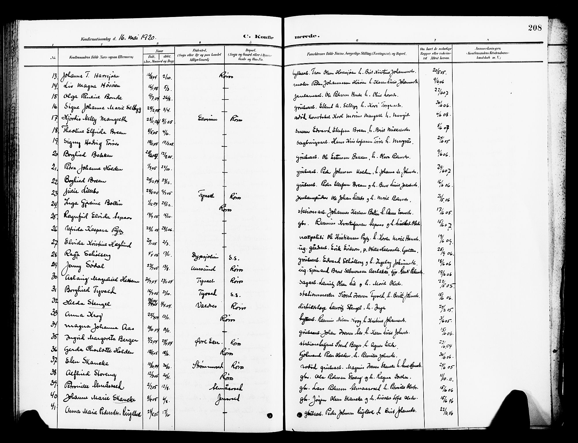 Ministerialprotokoller, klokkerbøker og fødselsregistre - Sør-Trøndelag, AV/SAT-A-1456/681/L0942: Parish register (copy) no. 681C06, 1906-1925, p. 208