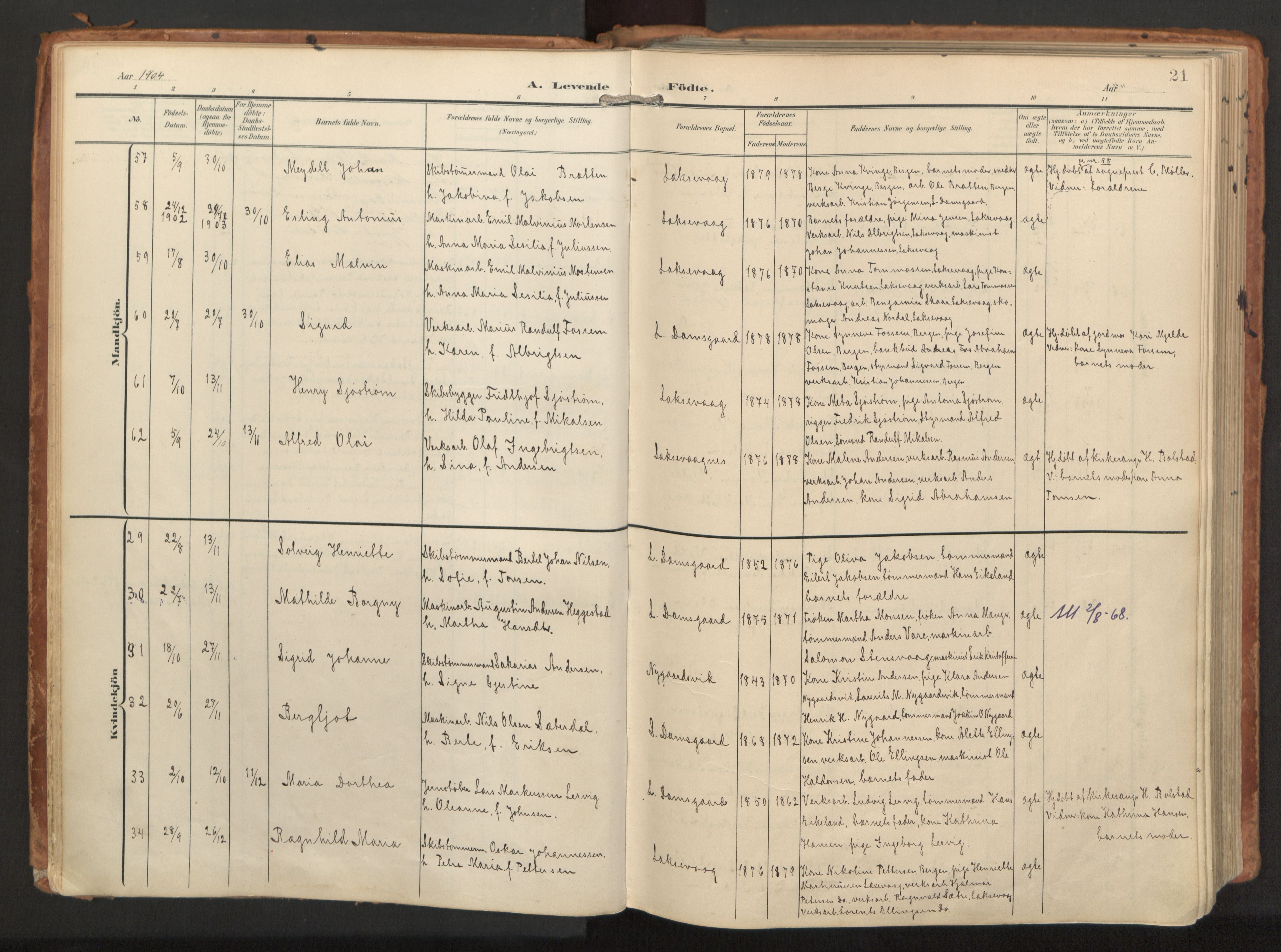 Laksevåg Sokneprestembete, AV/SAB-A-76501/H/Ha/Haa/Haaa/L0001: Parish register (official) no. A 1, 1903-1917, p. 21