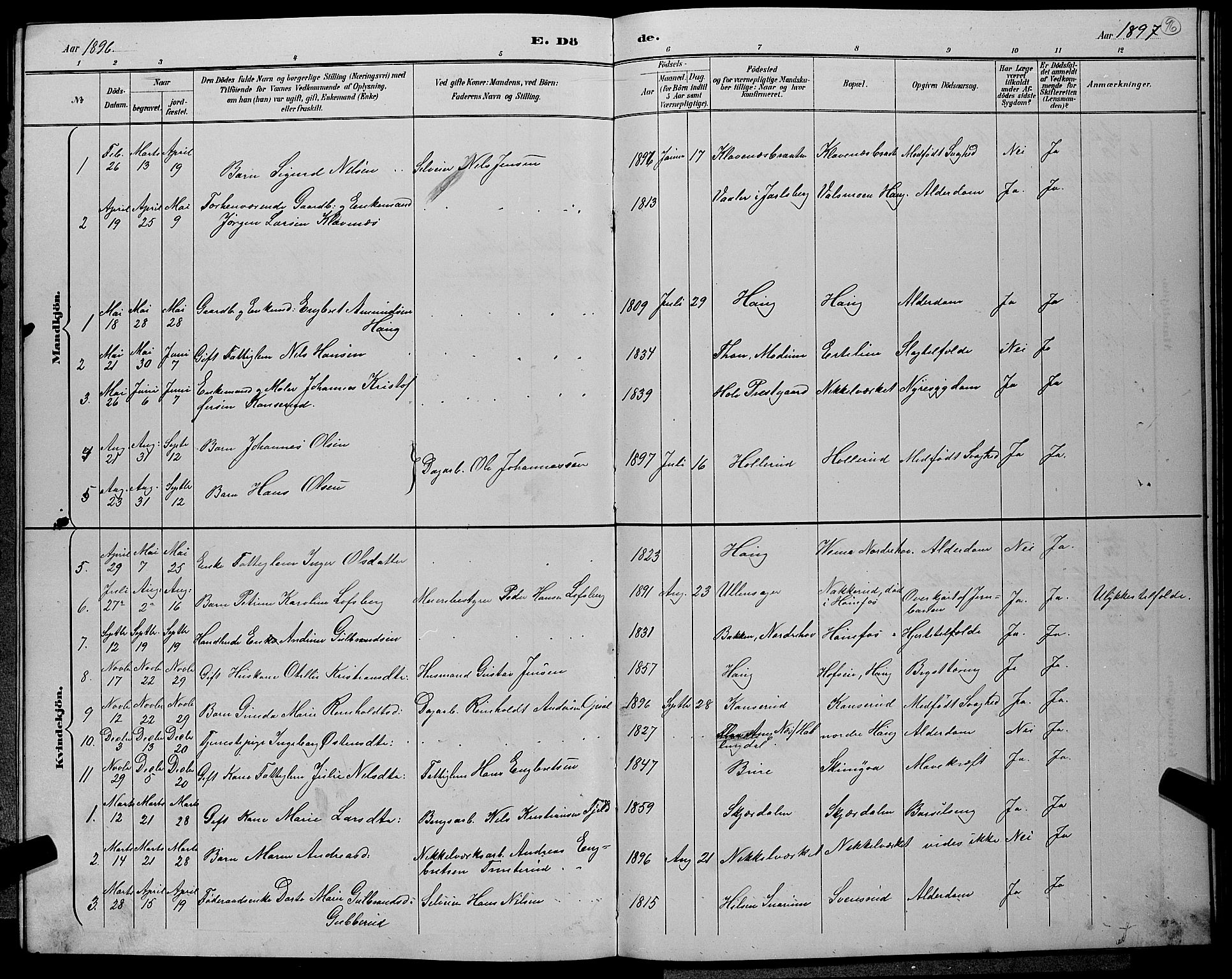 Hole kirkebøker, AV/SAKO-A-228/G/Gb/L0003: Parish register (copy) no. II 3, 1890-1901, p. 96